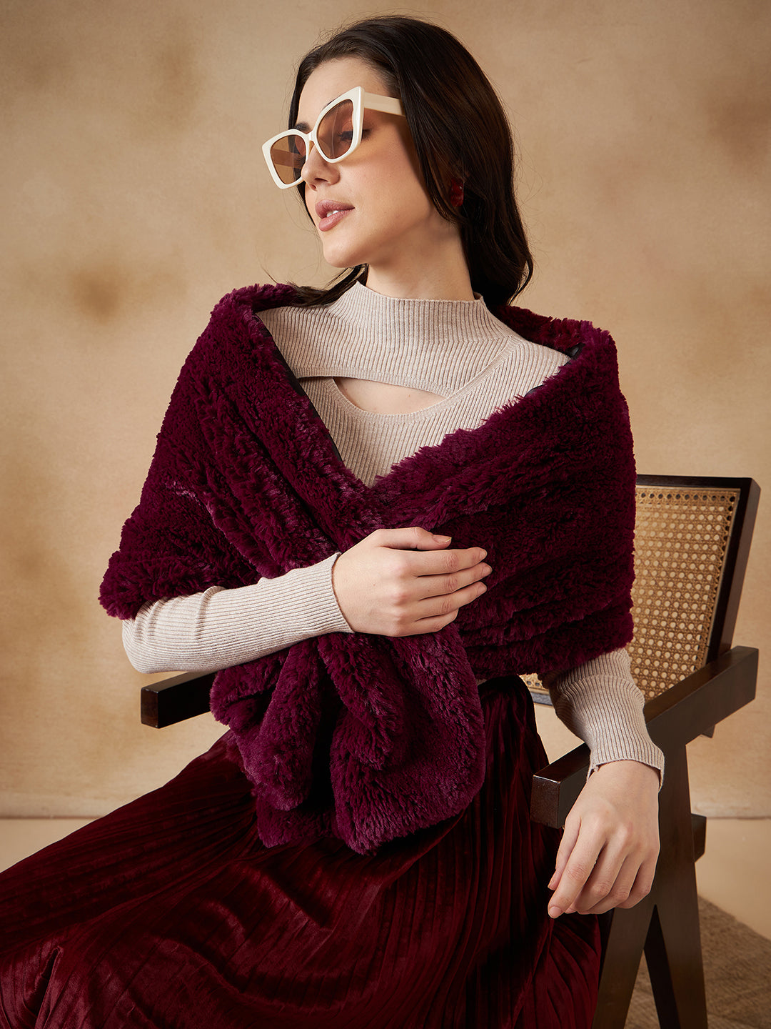 InWeave Women's Burgundy Long Faux Fur Cape - Swadesiicart