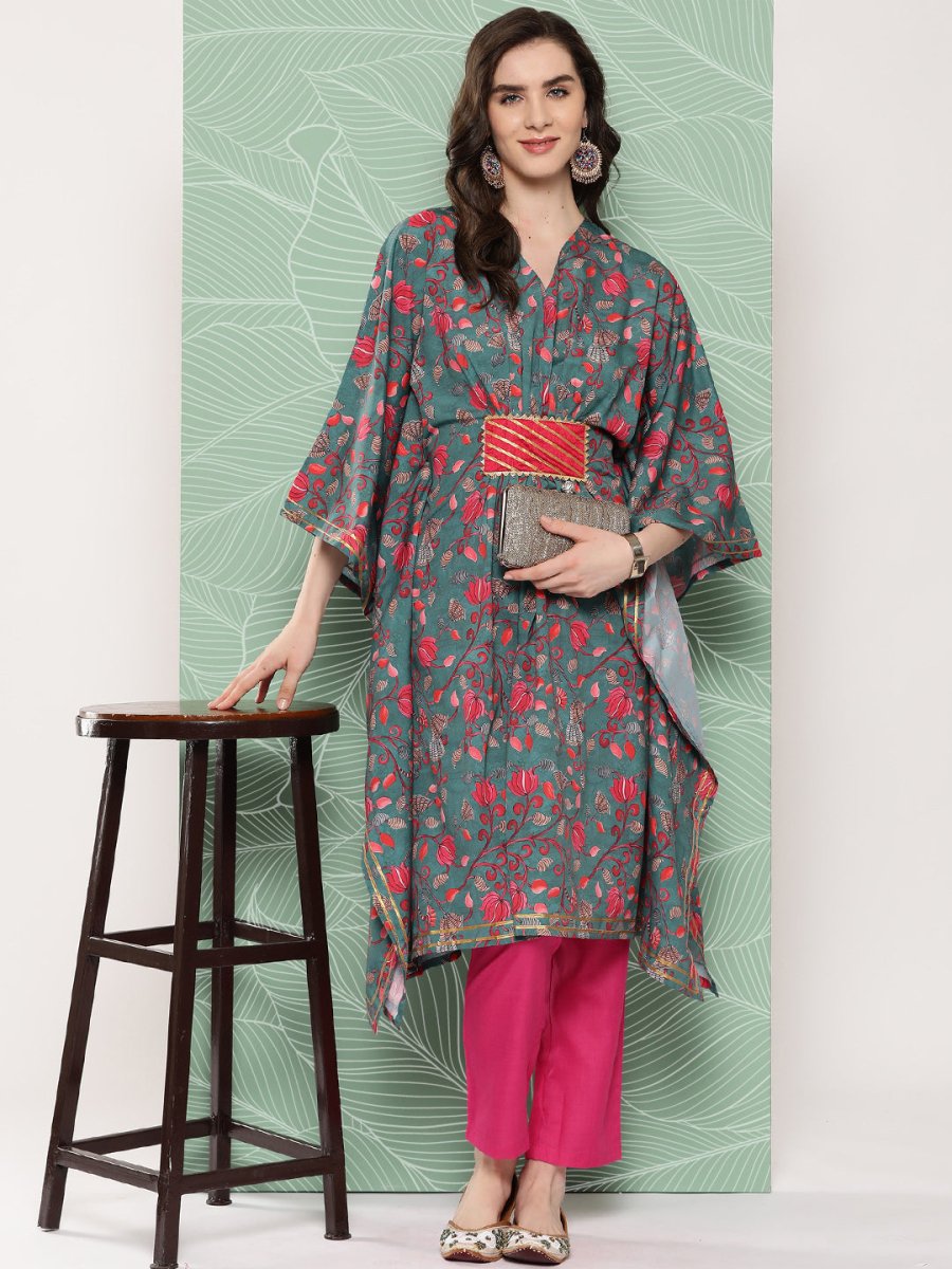 Ahalyaa Women Floral Printed Flared Sleeves Gotta Patti Crepe Kaftan Kurta | Swadesiicart