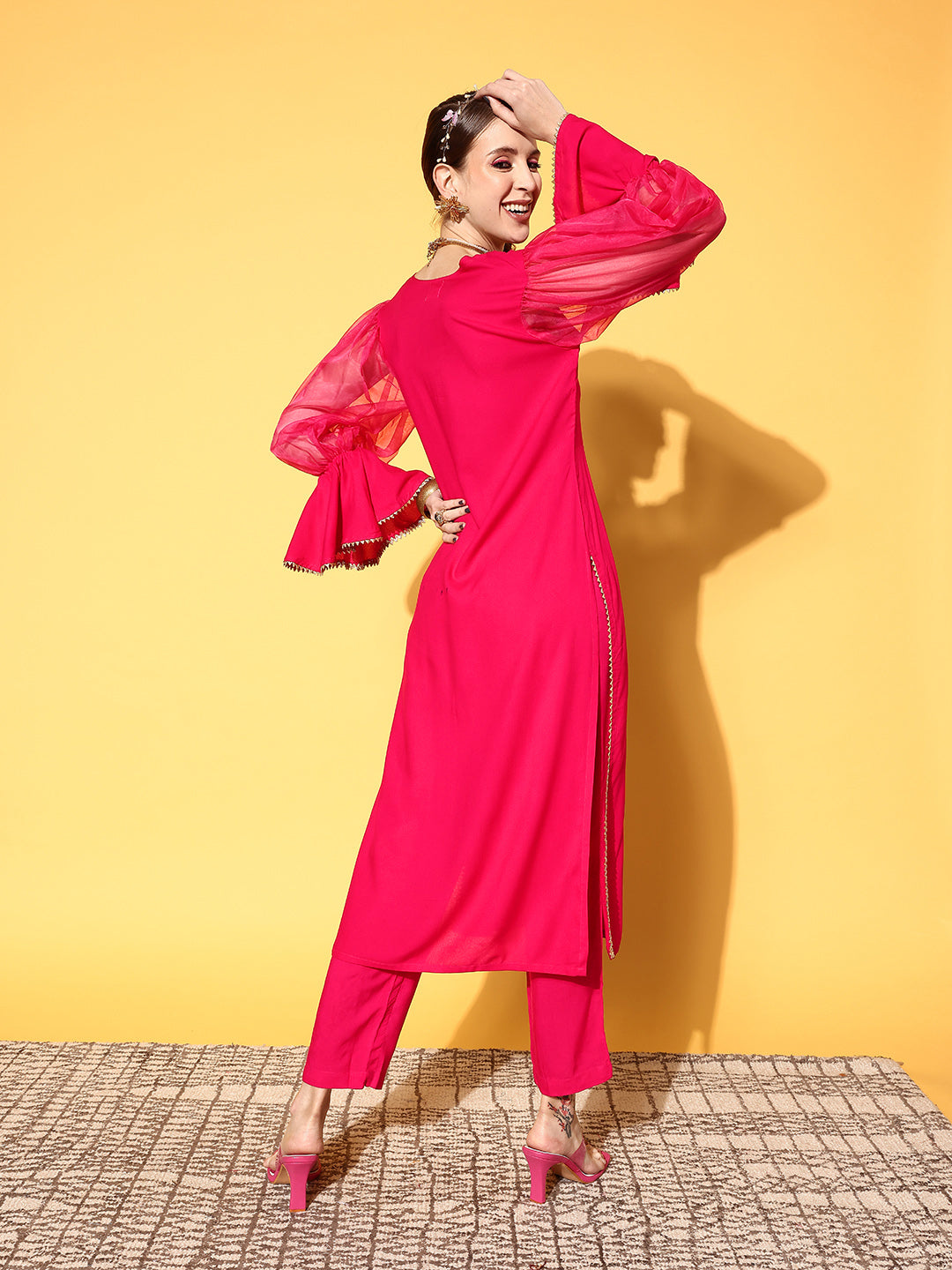 InWeave Women's Fuschia Organza Sleeve Gota Work Kurta Set - Swadesiicart