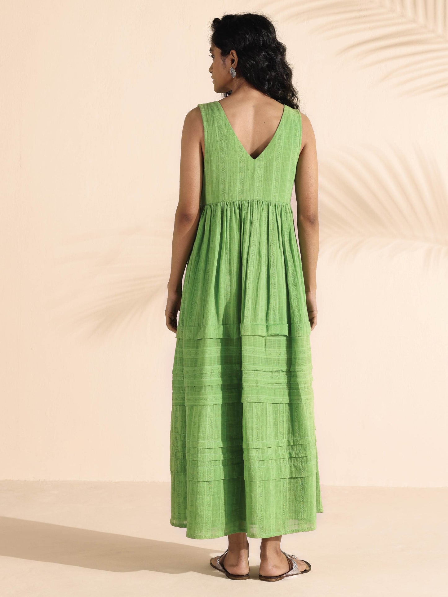 trueBrowns Green Cotton Dobby Yoke Dress | Swadesiicart