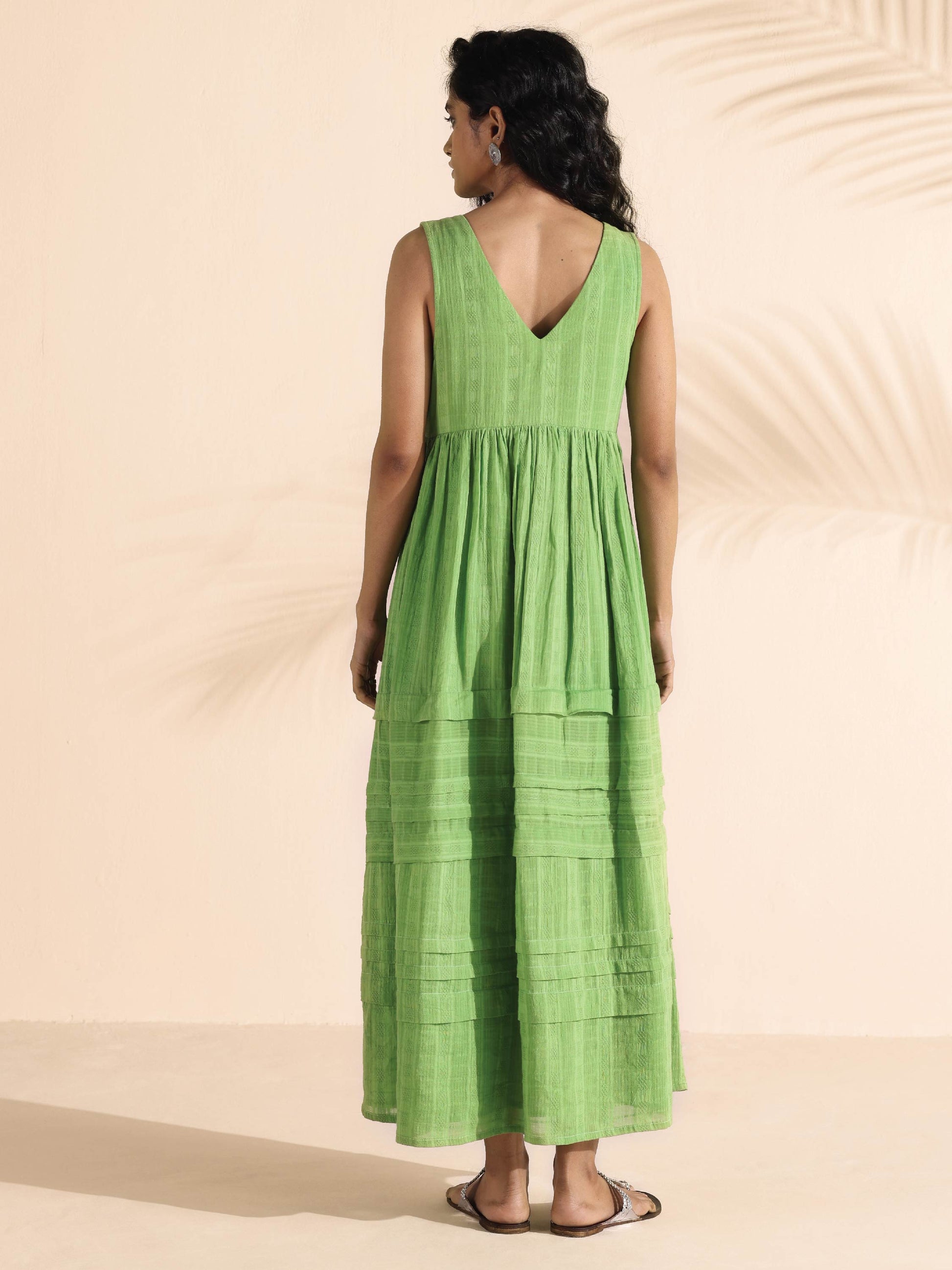 trueBrowns Green Cotton Dobby Yoke Dress | Swadesiicart