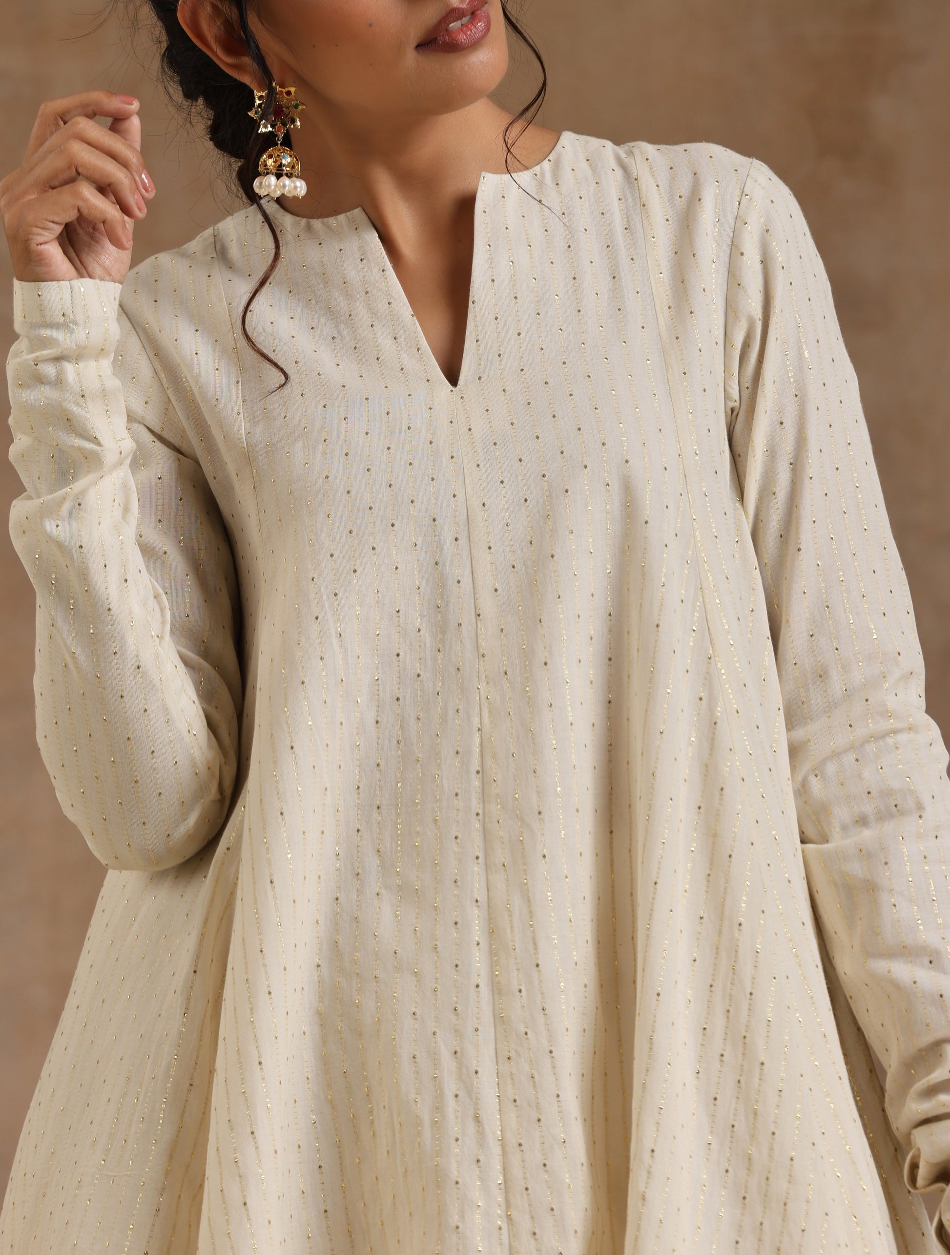 trueBrowns Ivory Gold Cotton Flared Co-Ord Set - Swadesiicart