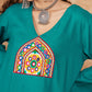 InWeave Women's Teal Trangle Yellow Patch Work Assymentrical Kurta Set - Swadesiicart