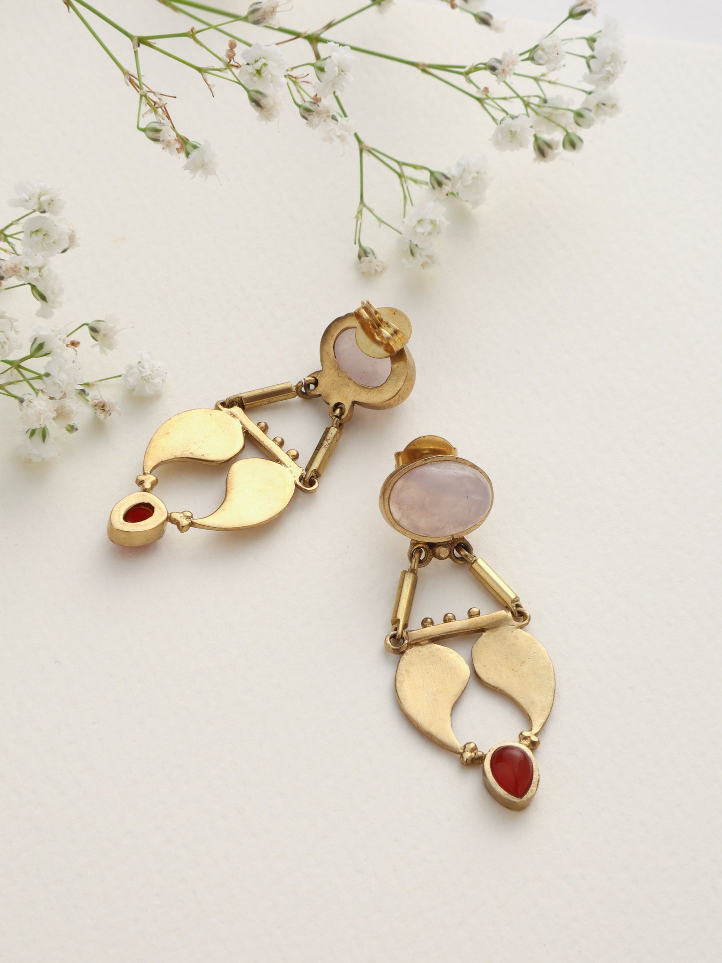 trueBrowns Brass Pink Stone Paisley Earrings - Swadesiicart