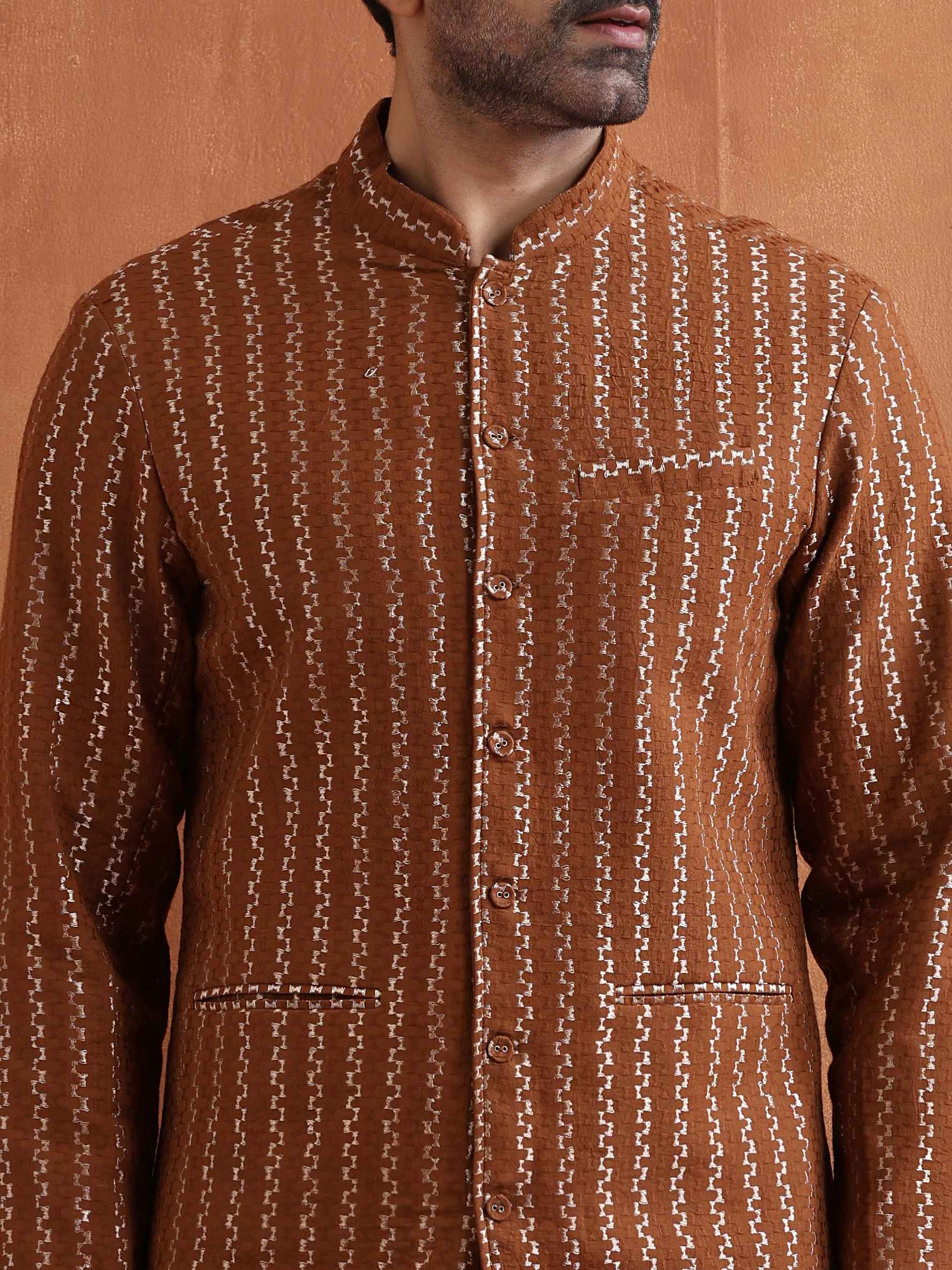 trueBrowns Men's Brown Cotton Dobby Long Jacket | Swadesiicart