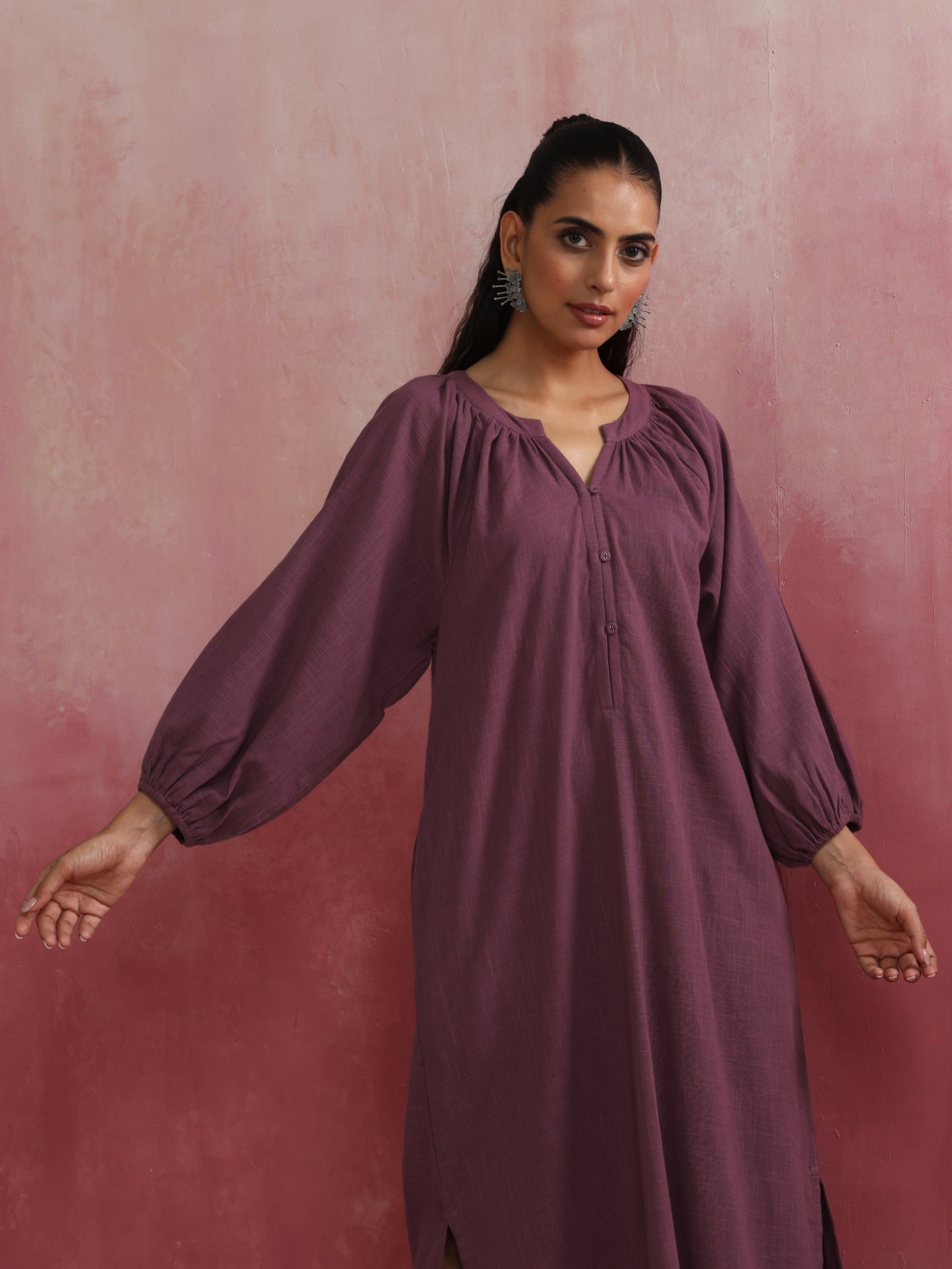 trueBrowns Light Purple Cotton Dobby Dress | Swadesiicart