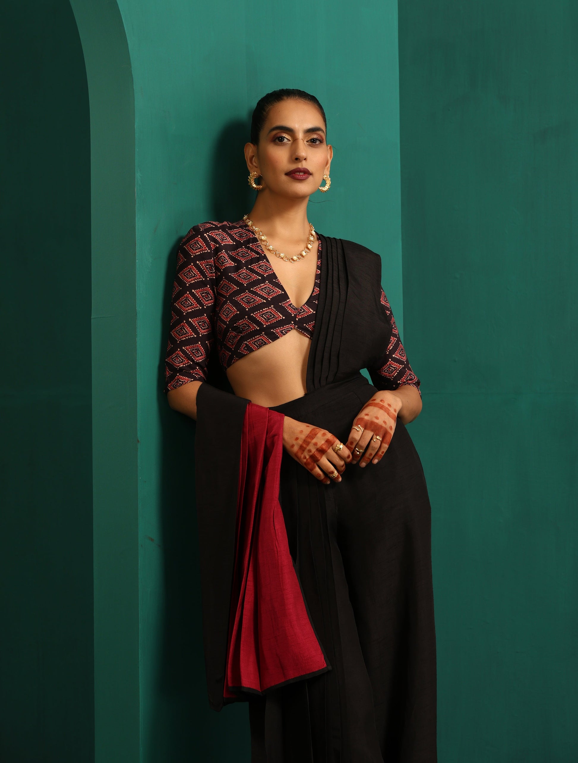 trueBrowns Black Muslin Silk Diamond Printed Deep V-Neck Blouse | Swadesiicart
