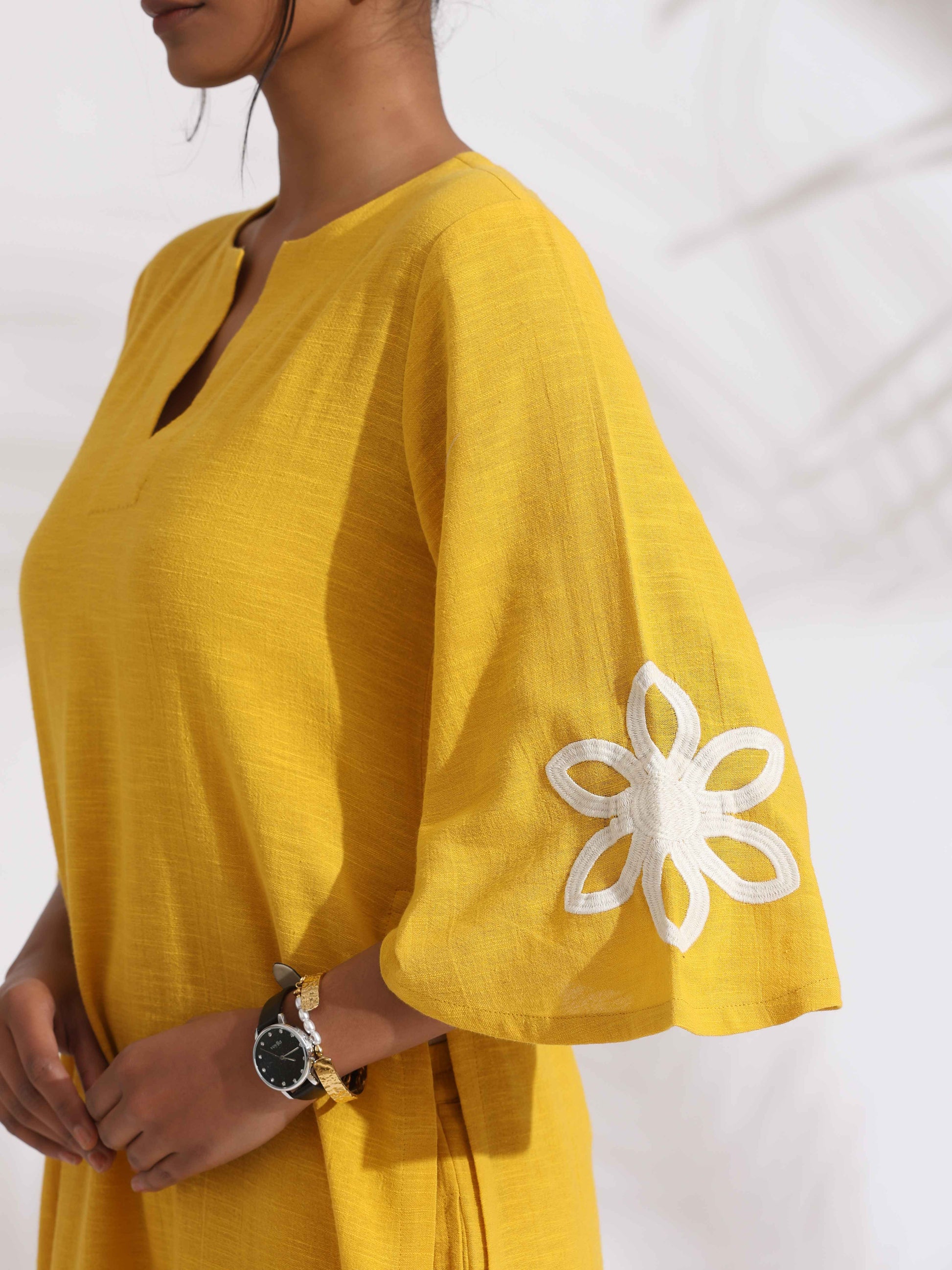 trueBrowns Yellow Cotton Slub Embroidered Straight Kurta Set | Swadesiicart