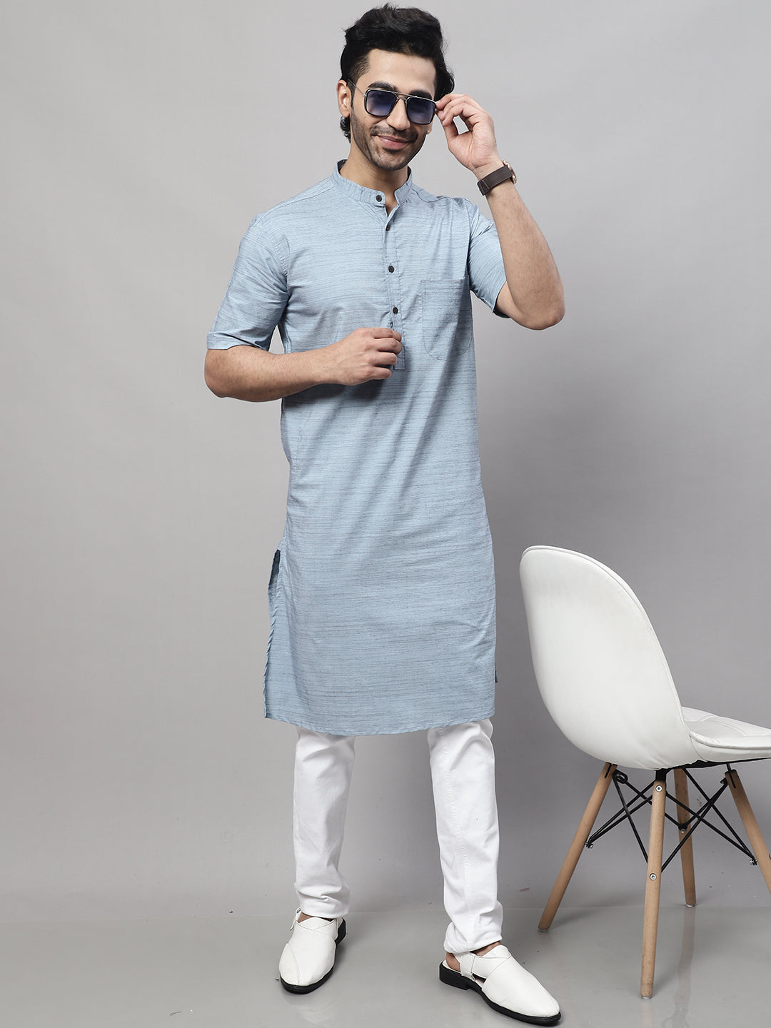 Even Apparels Blue Pure Cotton Kurta With Band Collar | Swadesiicart