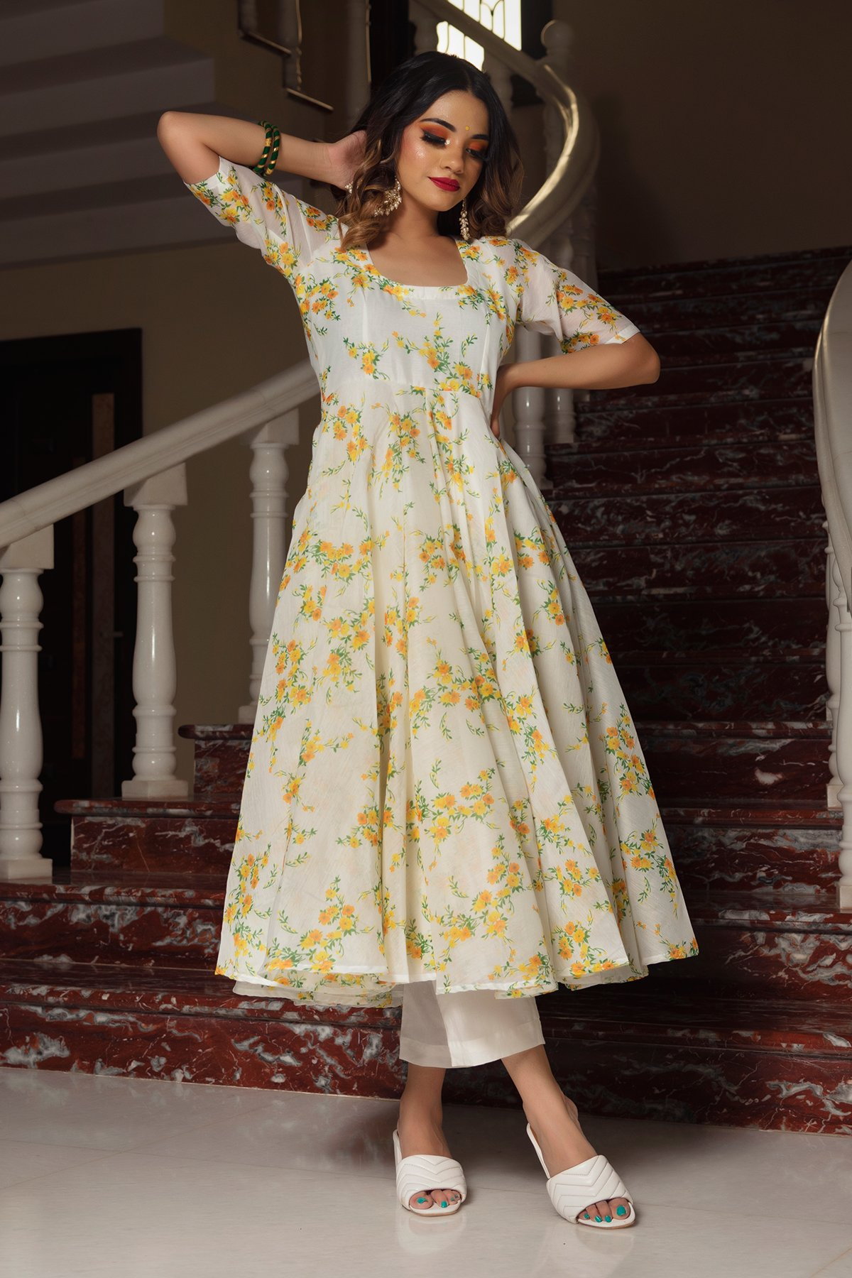 Pomcha Jaipur Yellow Phool Organza Anarkali Set | Swadesiicart