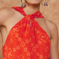 InWeave Women's Orange S Print Twisted Neckline Kurta Pant Set - Swadesiicart