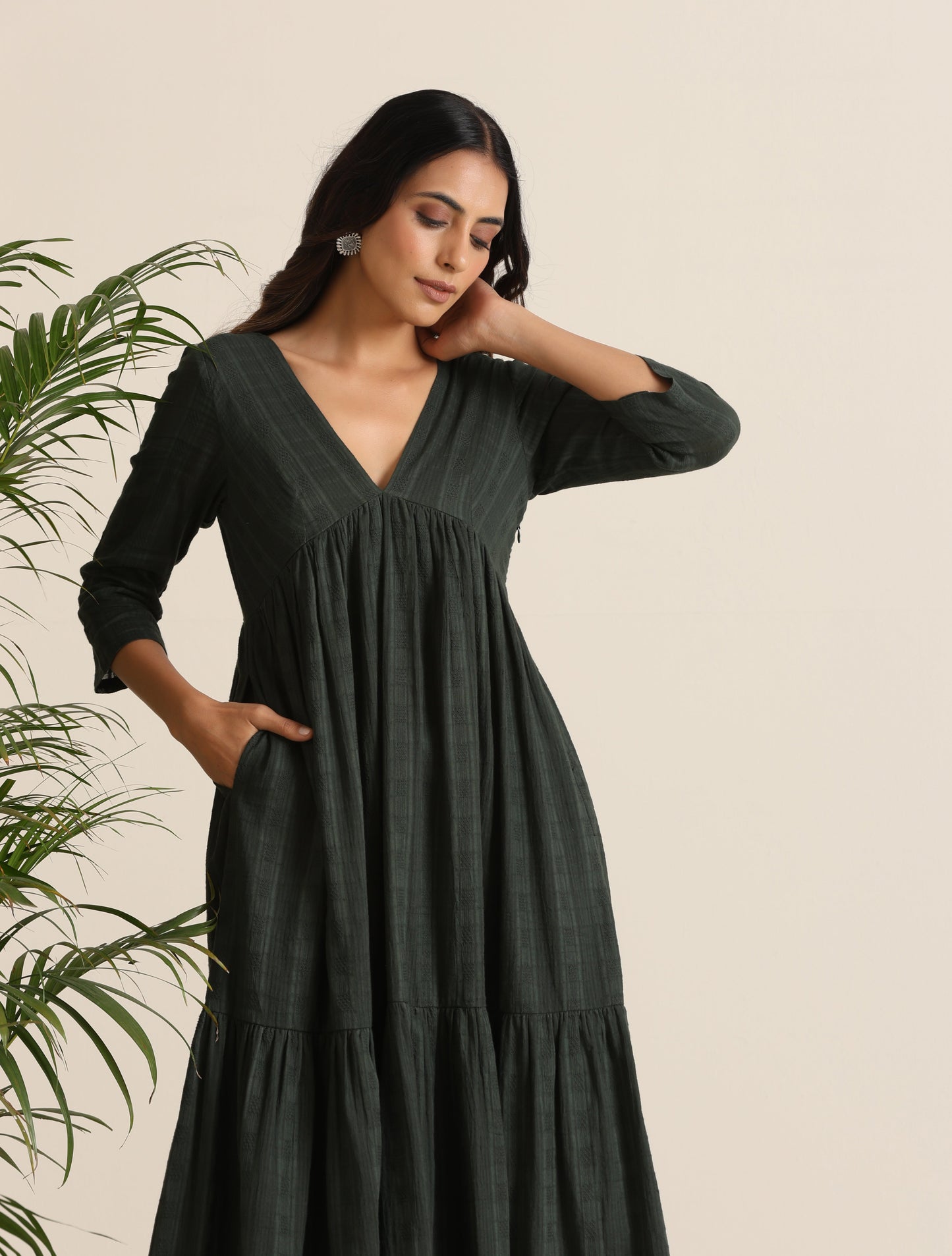 trueBrowns Charcoal Cotton Dobby Tiered Dress - Swadesiicart