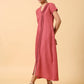 trueBrowns Cotton Linen Rust Red Pleated Dress | Swadesiicart