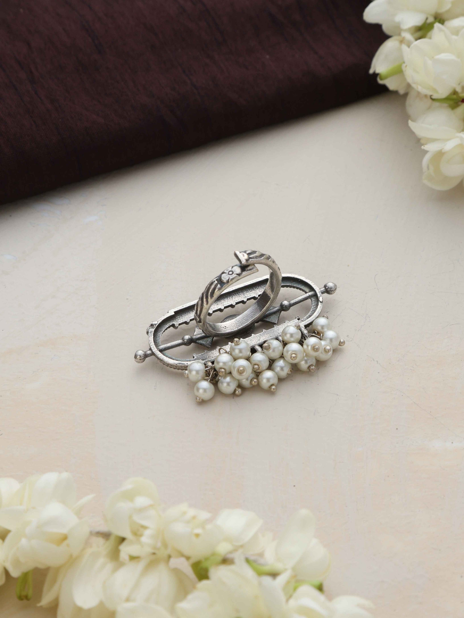 trueBrowns Silver Tone Pearl Drop Ring | Swadesiicart