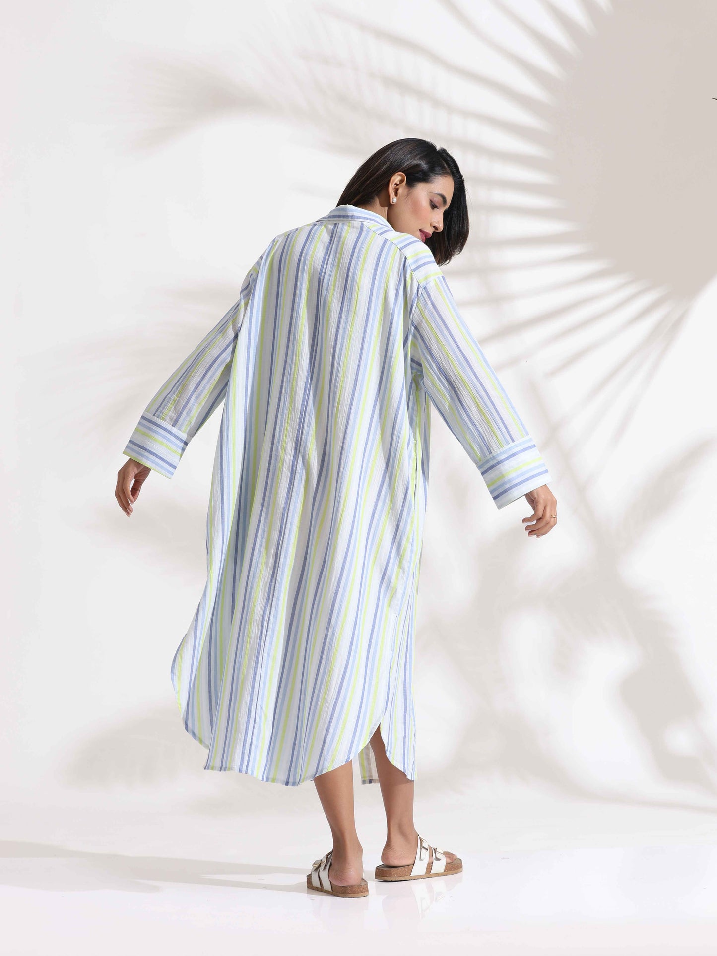 trueBrowns White Cotton Multi Stripe Shirt Dress | Swadesiicart