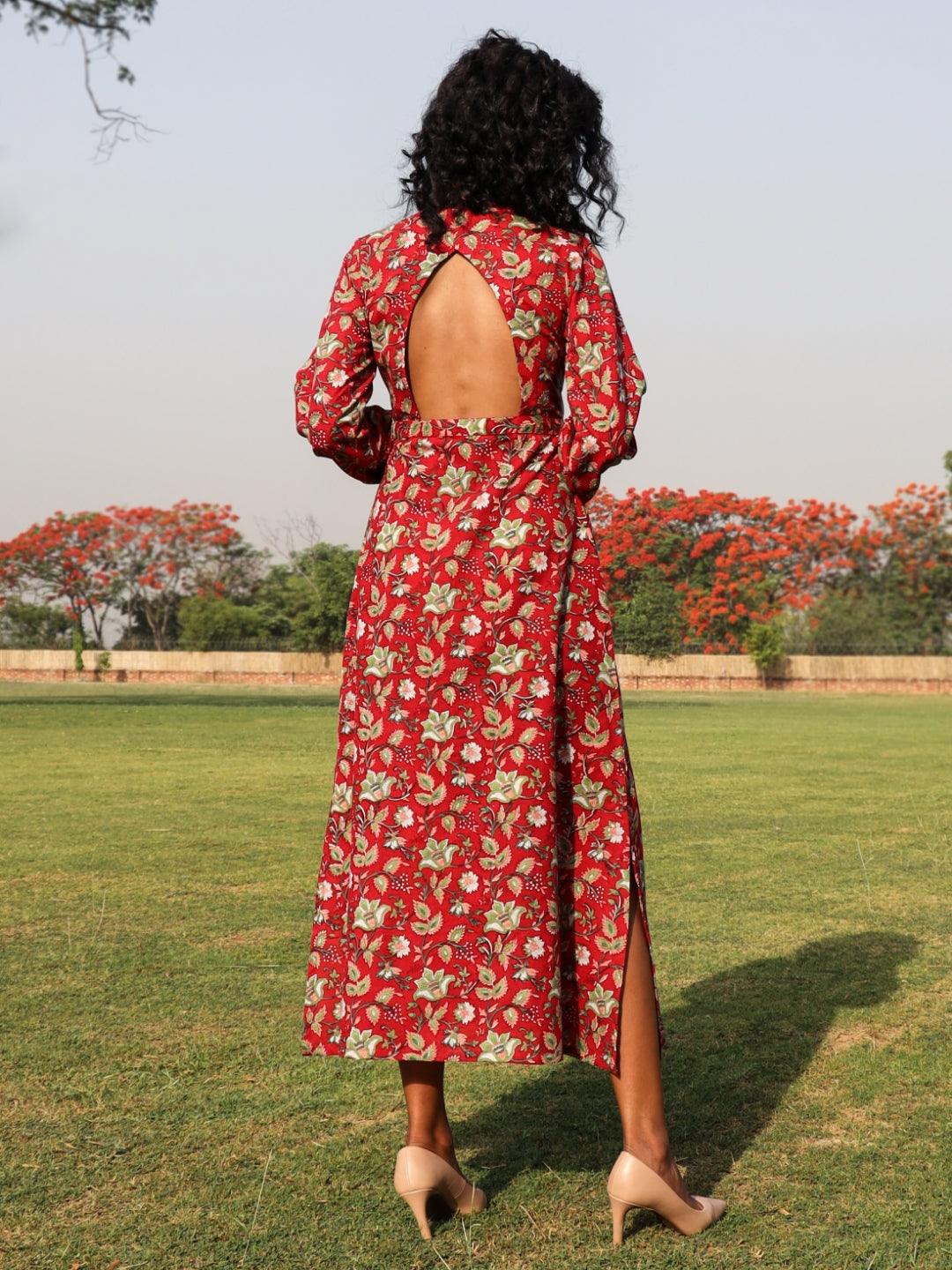 trueBrowns Red Cotton Block Print Backless Dress | Swadesiicart