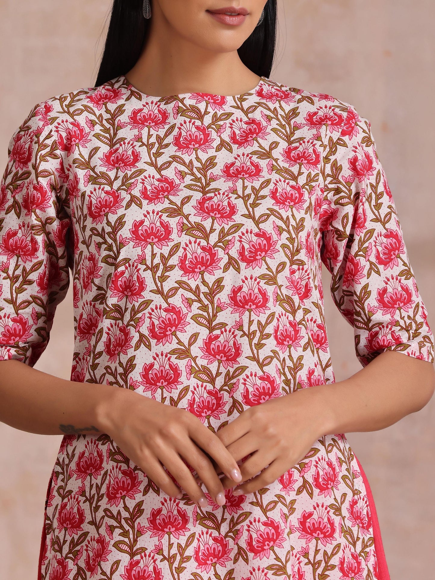 trueBrowns Pink Brown Overall Floral On White Block Print Cotton Slit Kurta Pant Set | Swadesiicart