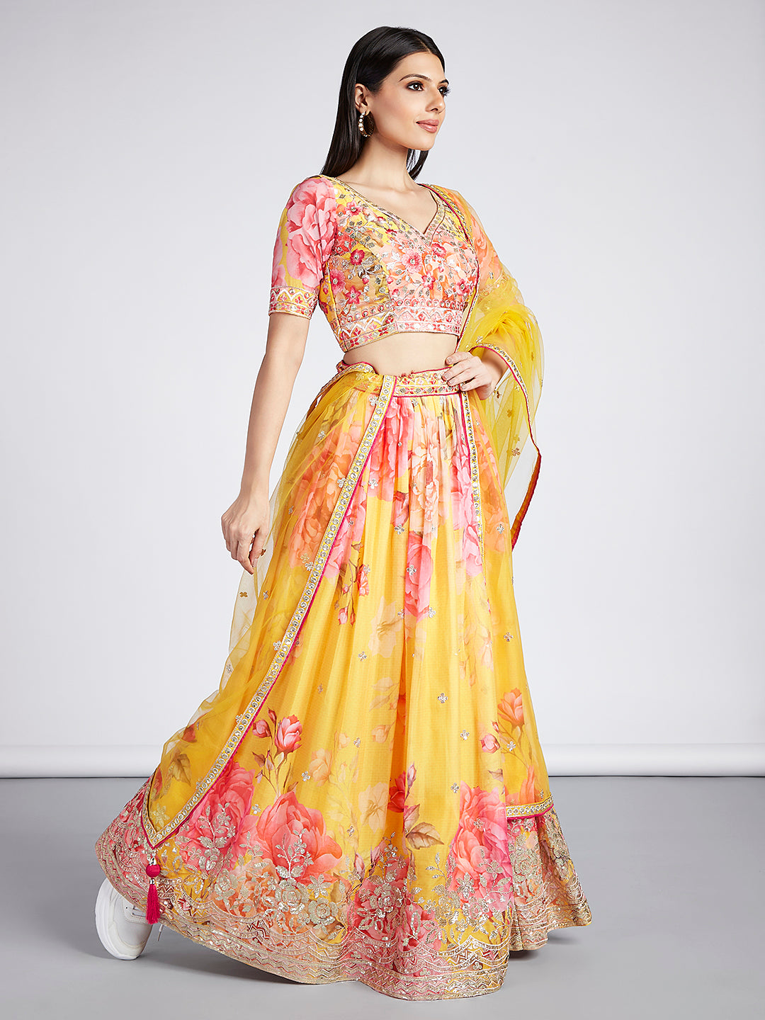 House of Panchhi Yellow Colour Organza Floral Design Digital Print Lehenga Choli & Dupatta | Swadesiicart