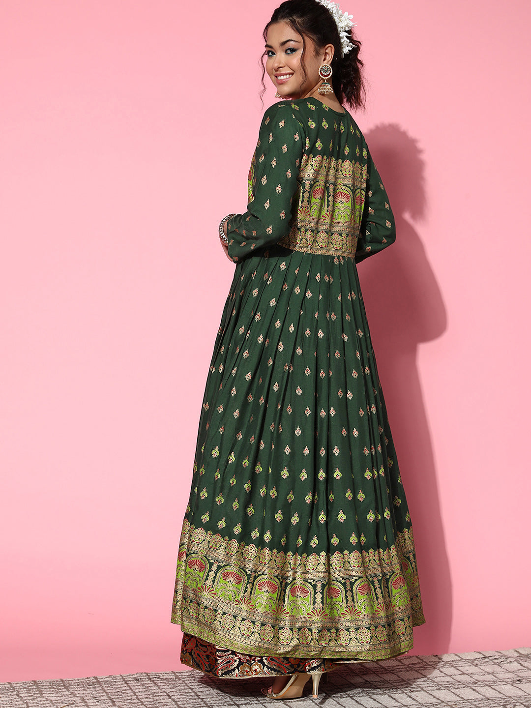 InWeave Women's Bottle Green Gold Border Anarkali Kurta - Swadesiicart