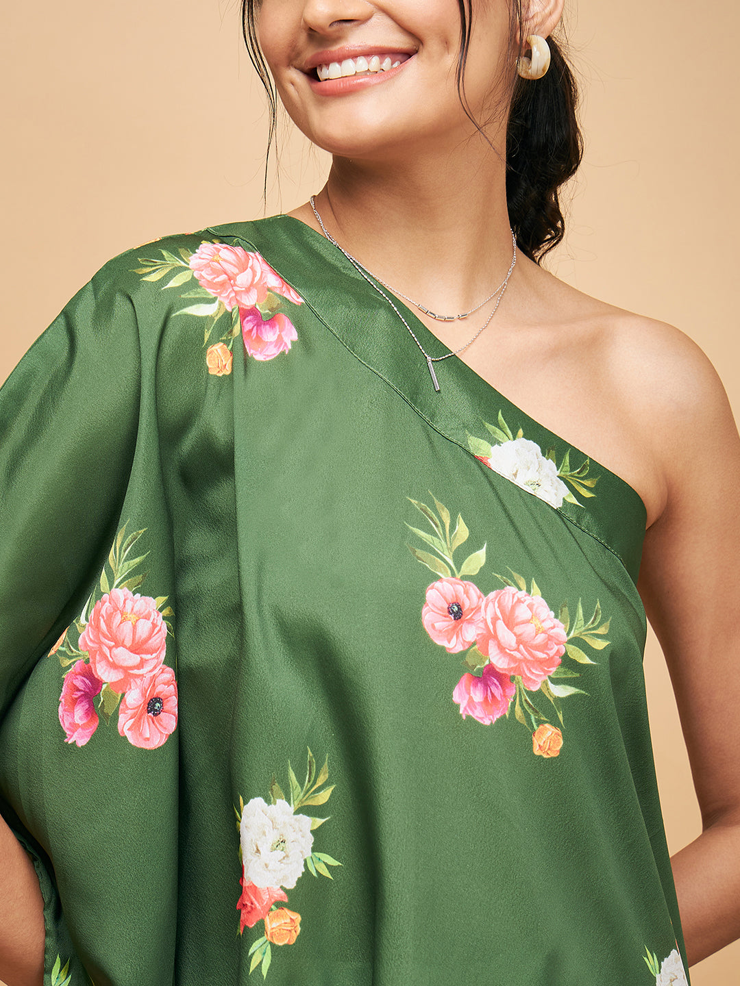 InWeave Women's Green Small Flower One Shoulder Kurta - Swadesiicart