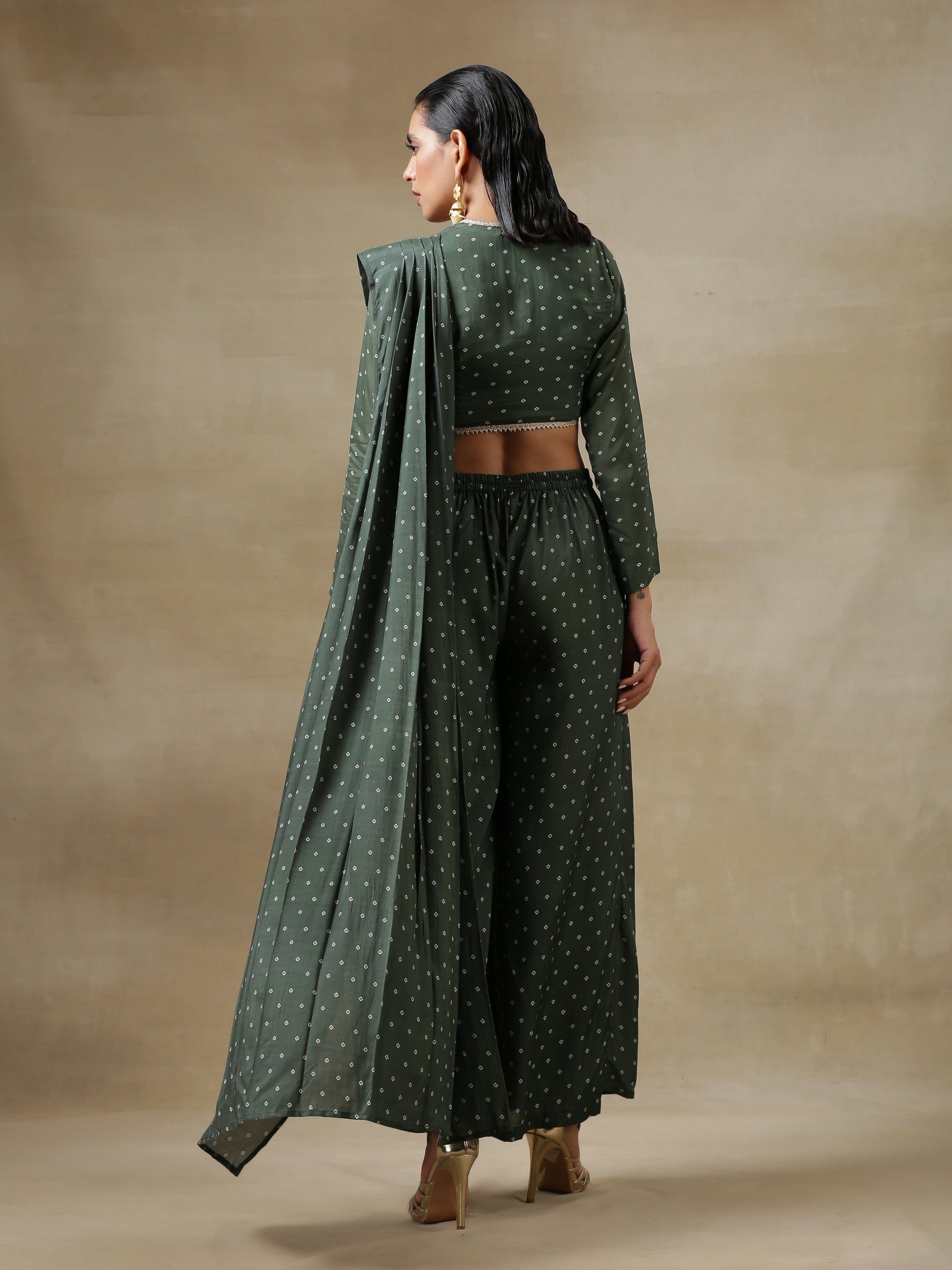 trueBrowns Dark Green Bandhani Printed Silk Palazzo Stitched Saree | Swadesiicart