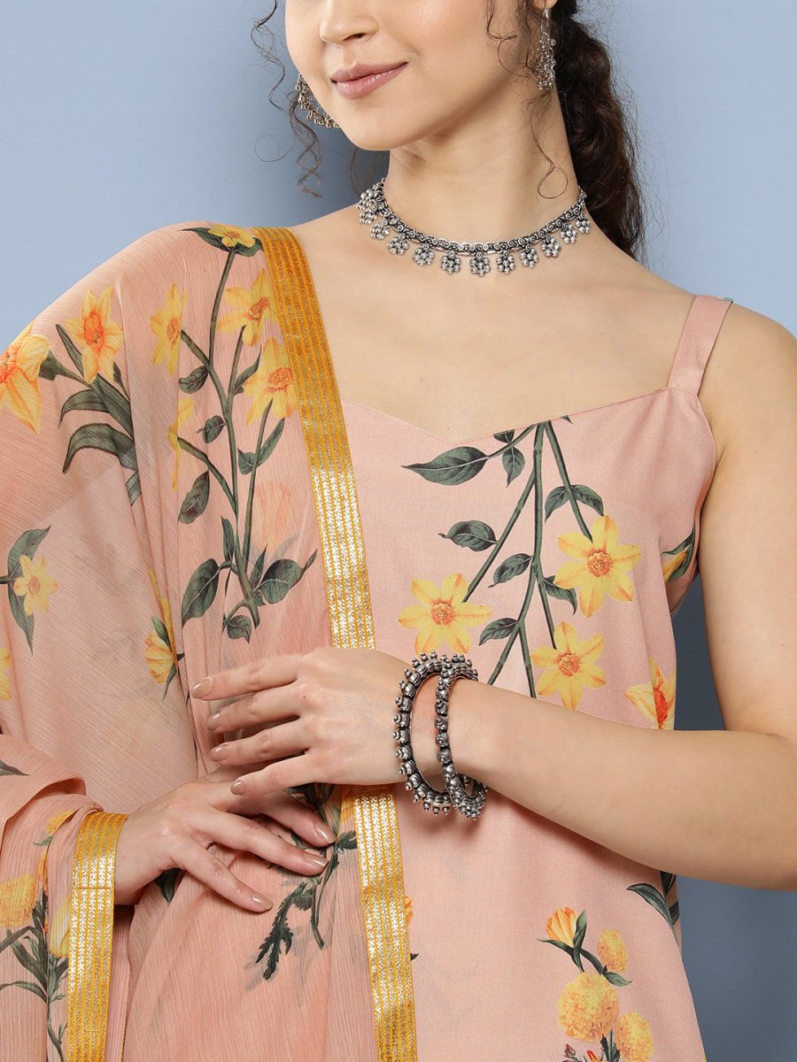 Ahalyaa Women Nude-Coloured Floral Printed Gotta Patti Kurta with Trousers & With Dupatta | Swadesiicart