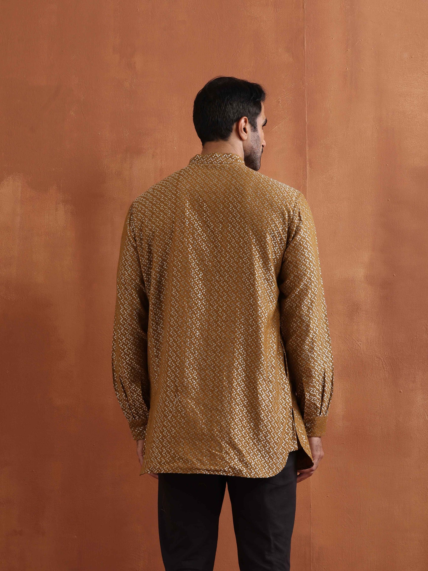 trueBrowns Men's Mustard Cotton Dobby Short Kurta | Swadesiicart