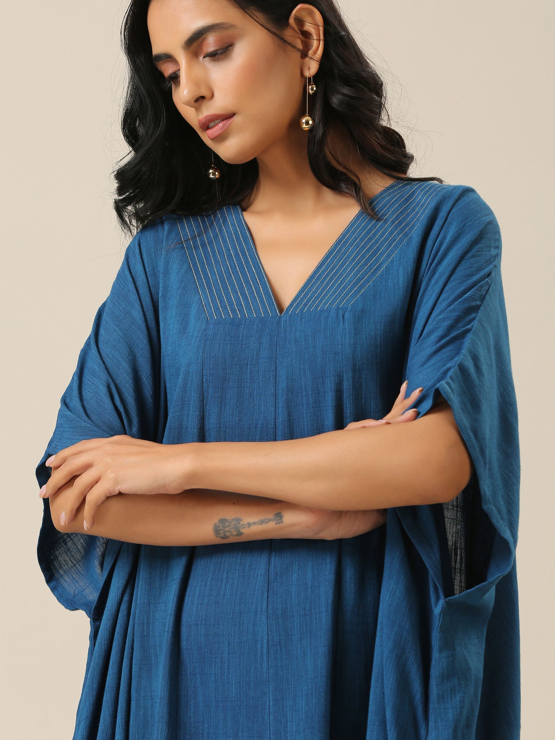 trueBrowns Classic Blue Panel Kaftan dress | Swadesiicart