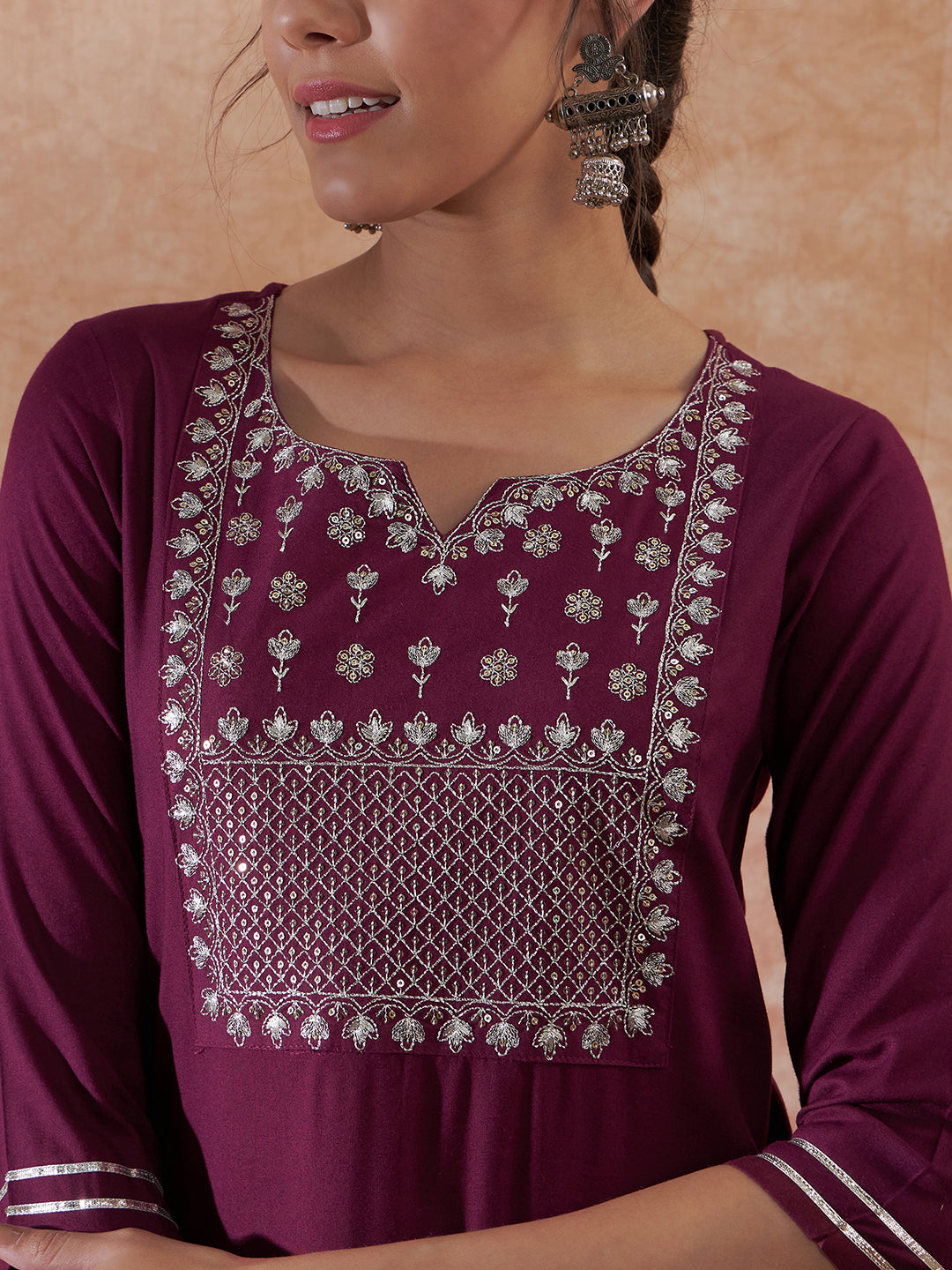 InWeave Women's Burgundy Emb Assymetrical Kurta Pant Set - Swadesiicart
