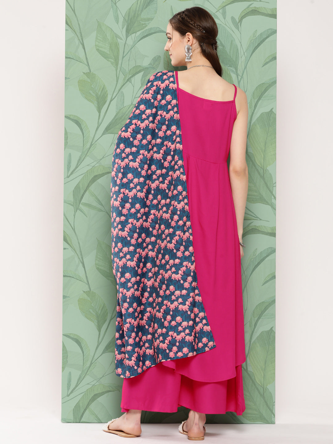 InWeave Women's Fuchsia Strappy Set W Navy Pink Lotus Cr Duptta - Swadesiicart