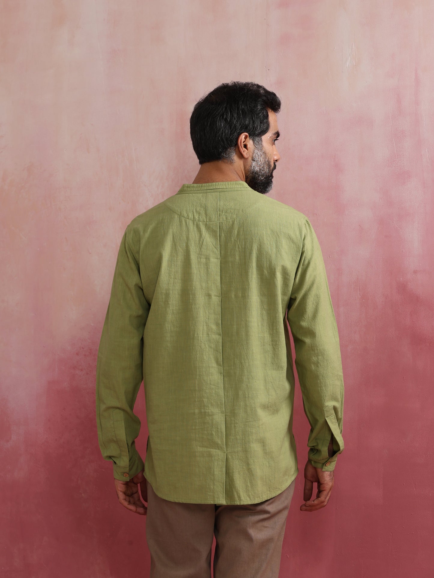 trueBrowns Men's Pista Green Cotton Mandarin Collar Stylized Kurta | Swadesiicart