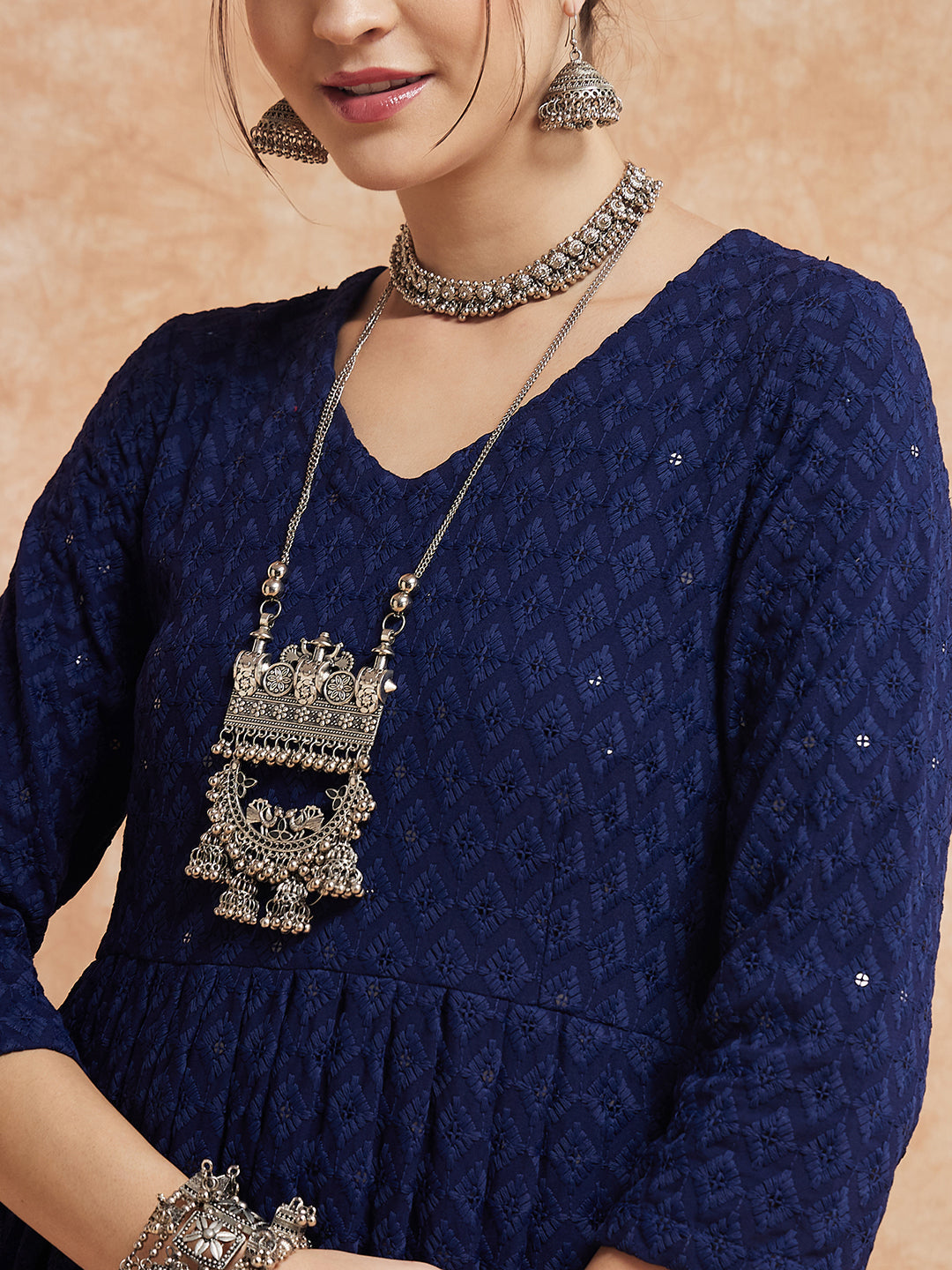 InWeave Women's Royal Blue Chikankari Long Anarkali Kurta Sharara Set - Swadesiicart