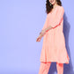InWeave Women's Peach Flared Kurta Set With Off White Folral Organza Dupatta - Swadesiicart