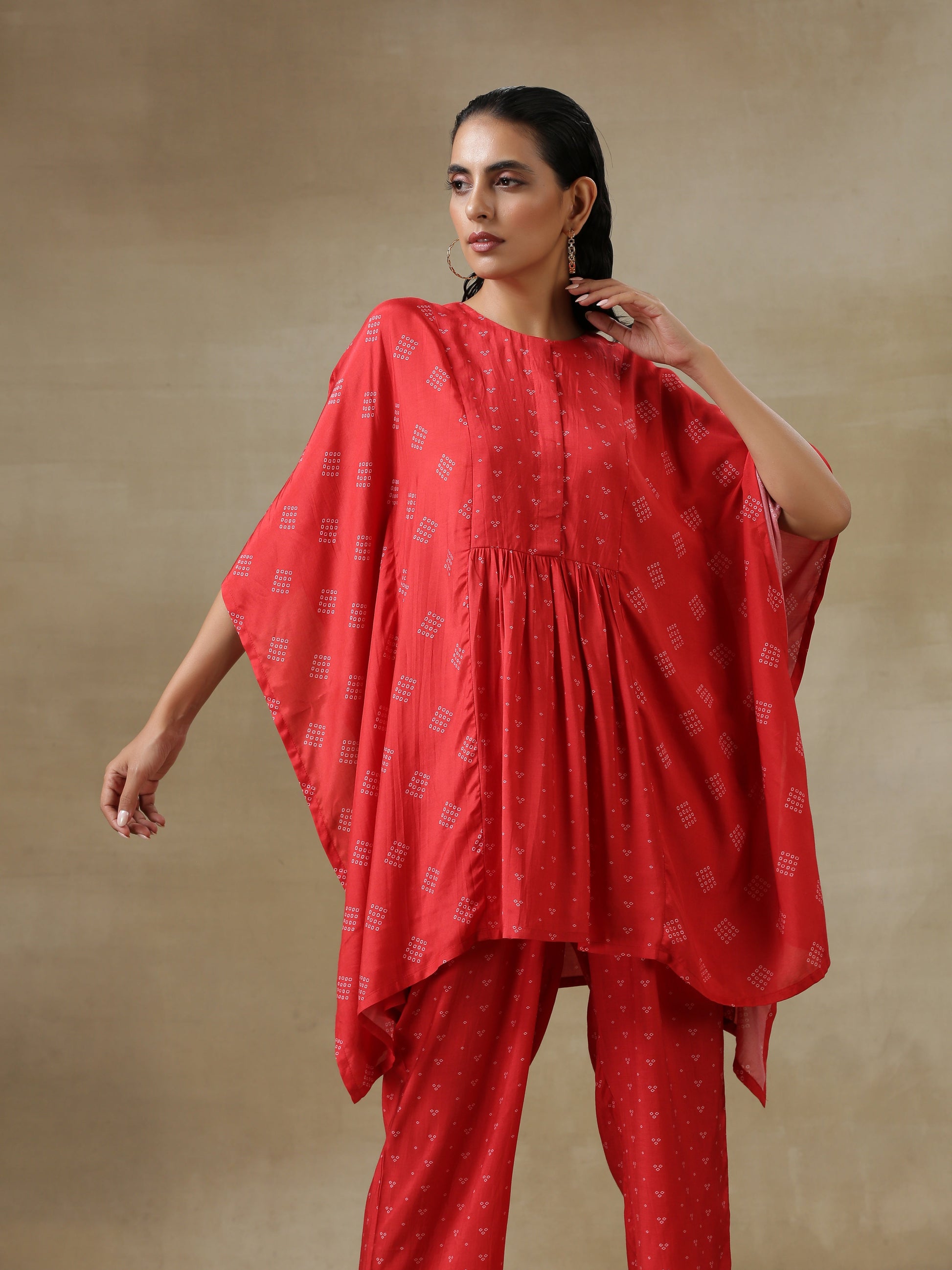 trueBrowns Red Bandhani Printed Silk Kaftan Gathered Co-Ord Set - Swadesiicart