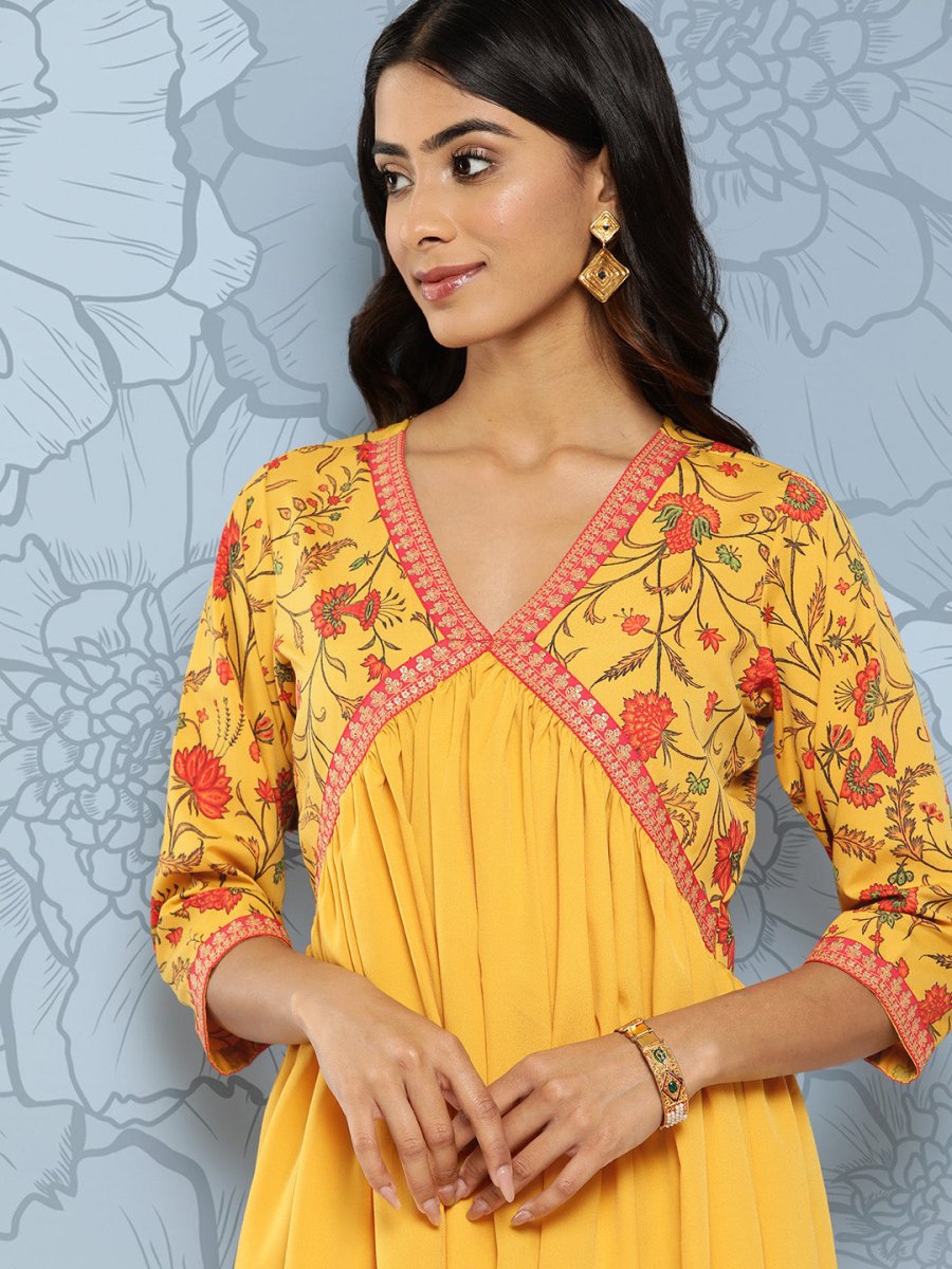 Ahalyaa Floral Print Crepe Empire Midi Ethnic Dress | Swadesiicart