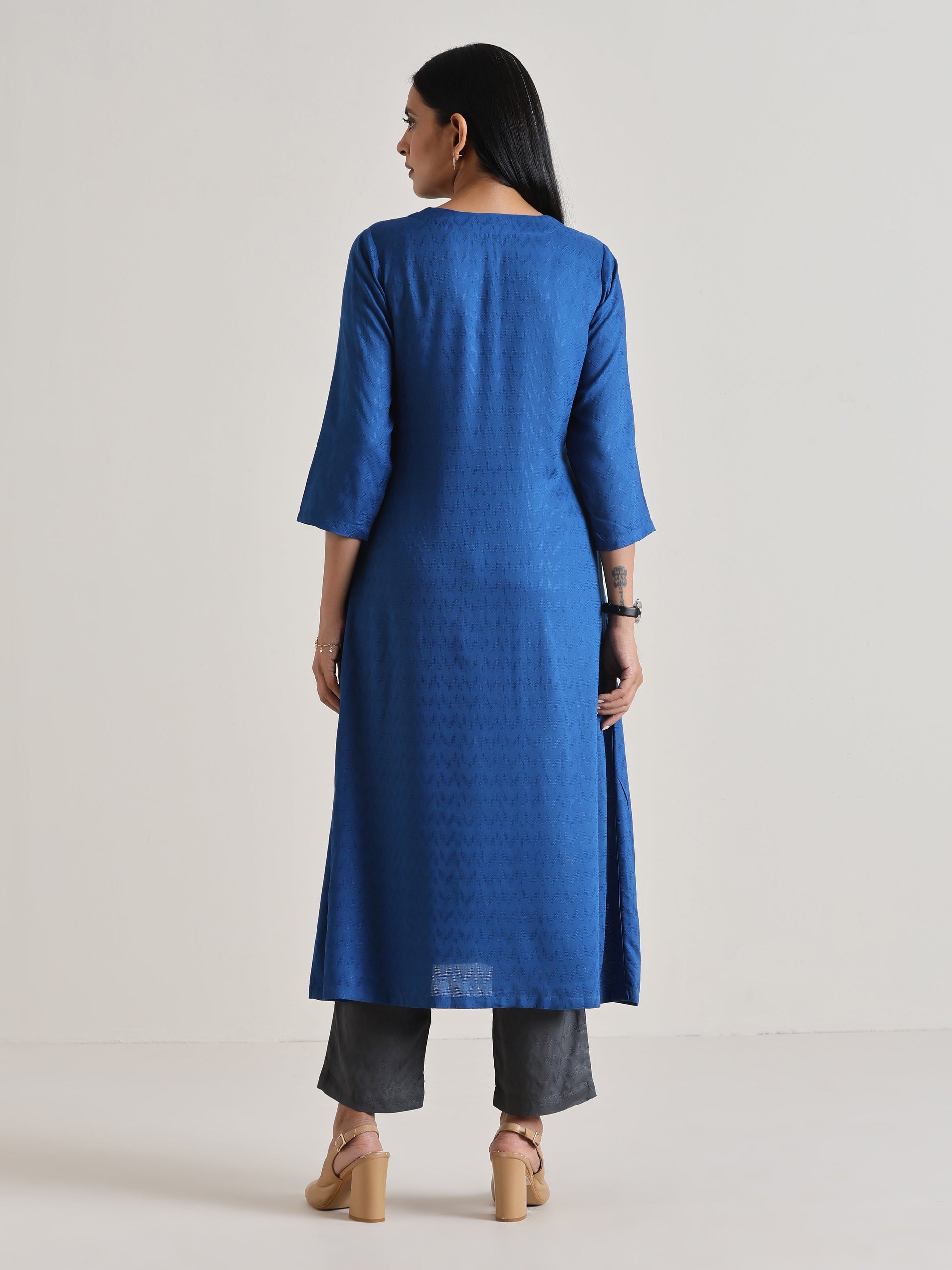 trueBrowns Ink Blue Angrakha Kurta Set | Swadesiicart