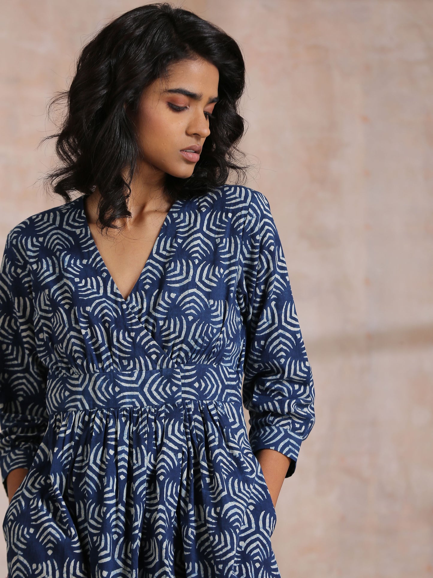 trueBrowns Indigo Dabu Overall Print Cotton Wrap Dress | Swadesiicart