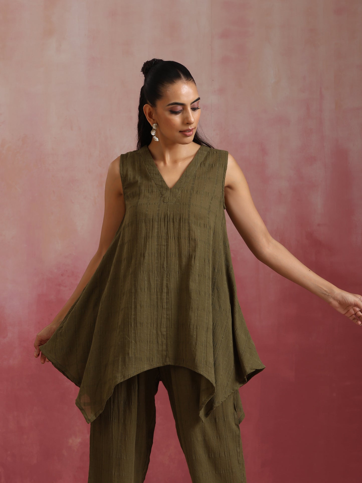 trueBrowns Olive Cotton Dobby Dobby Co-ord set - Swadesiicart
