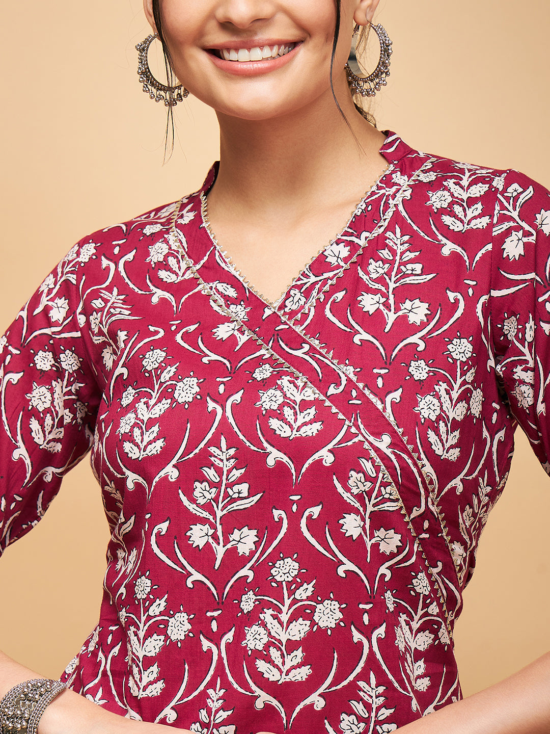 InWeave Women's Wine Floral Print Straight Angrakha Gota Kurta - Swadesiicart