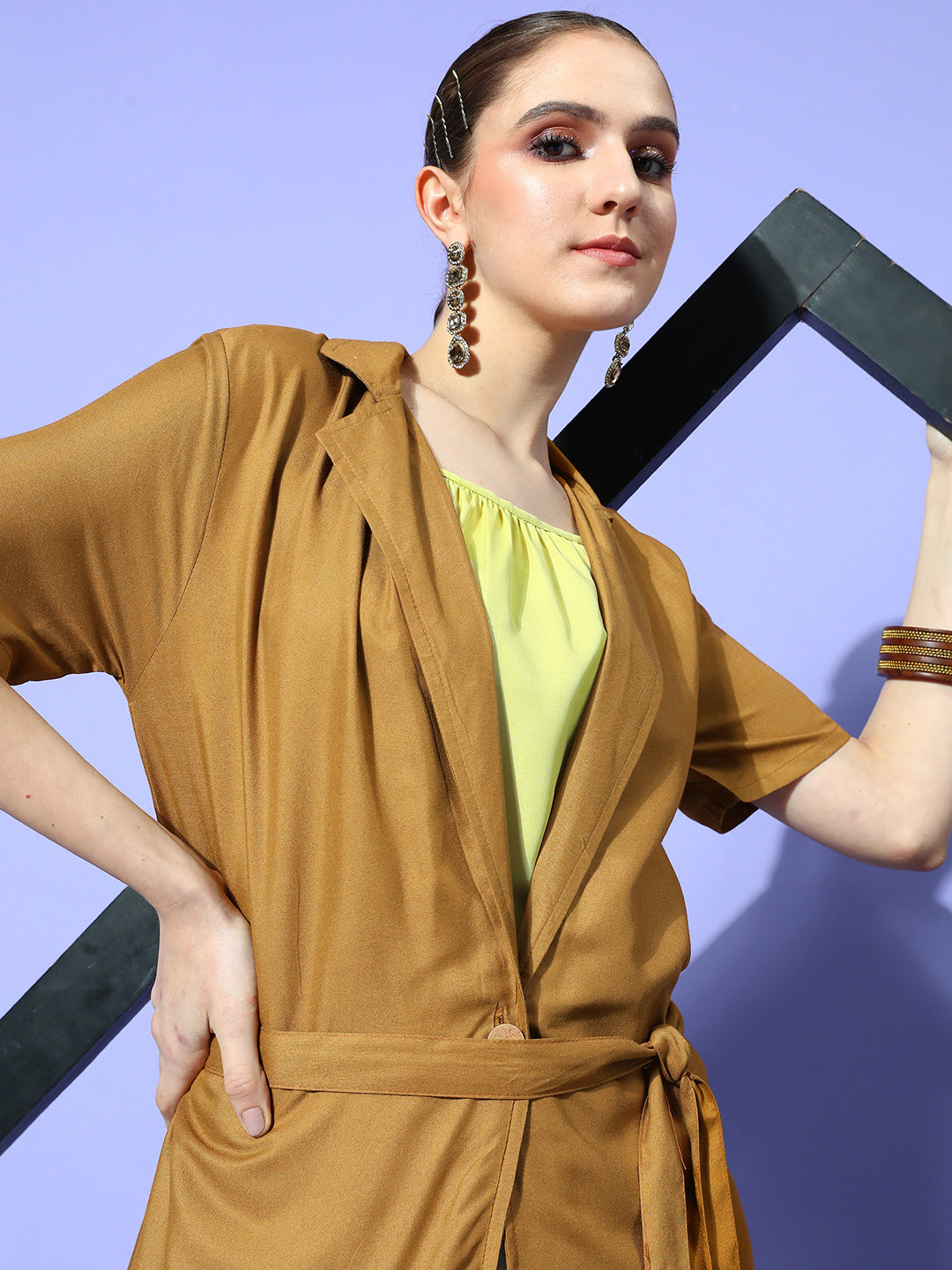 InWeave Women's Camel Brown Cream Pant Coord Set With Lime Green Crop Top - Swadesiicart