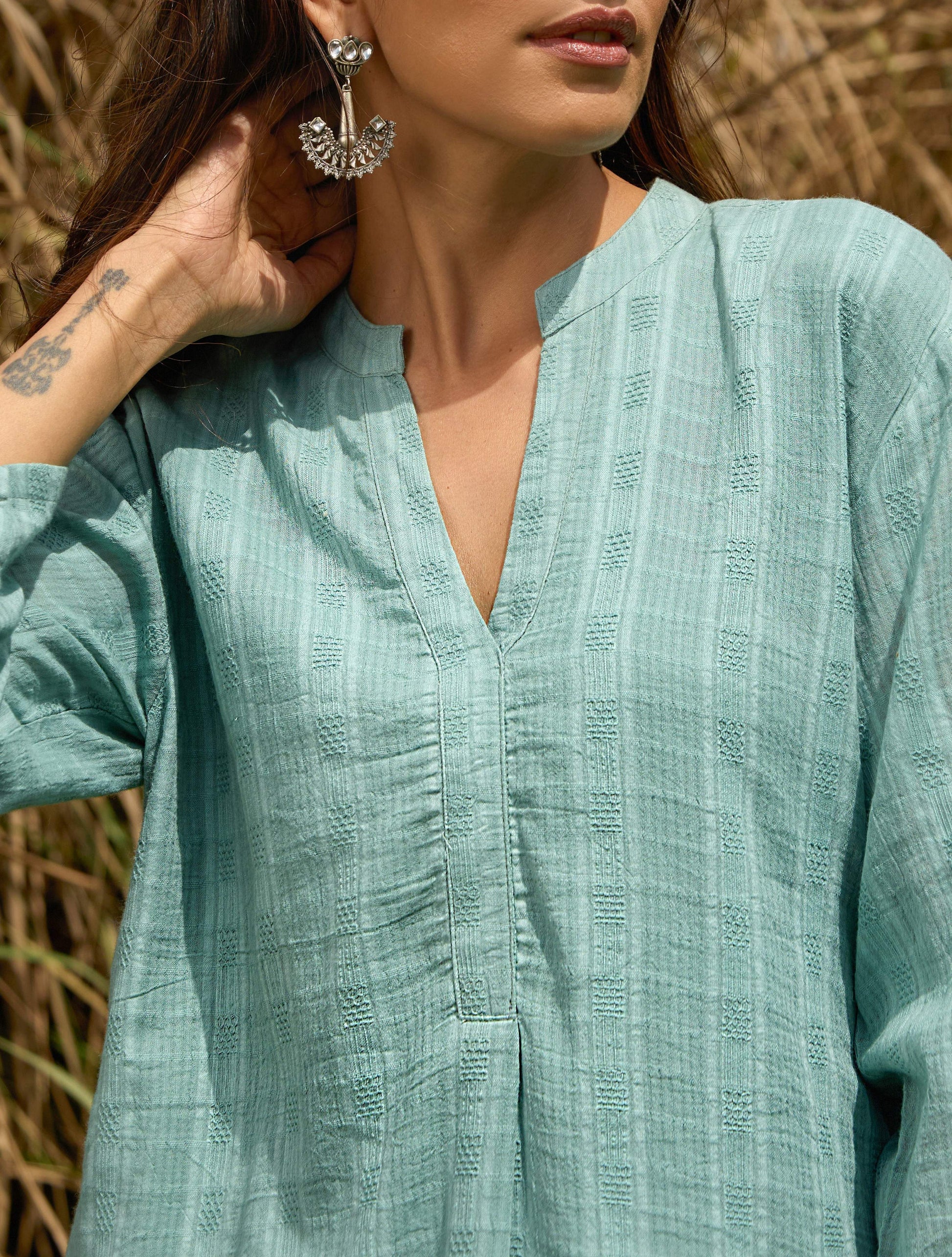 trueBrowns Light Blue Cotton Dobby Relaxed Co-ord Set - Swadesiicart