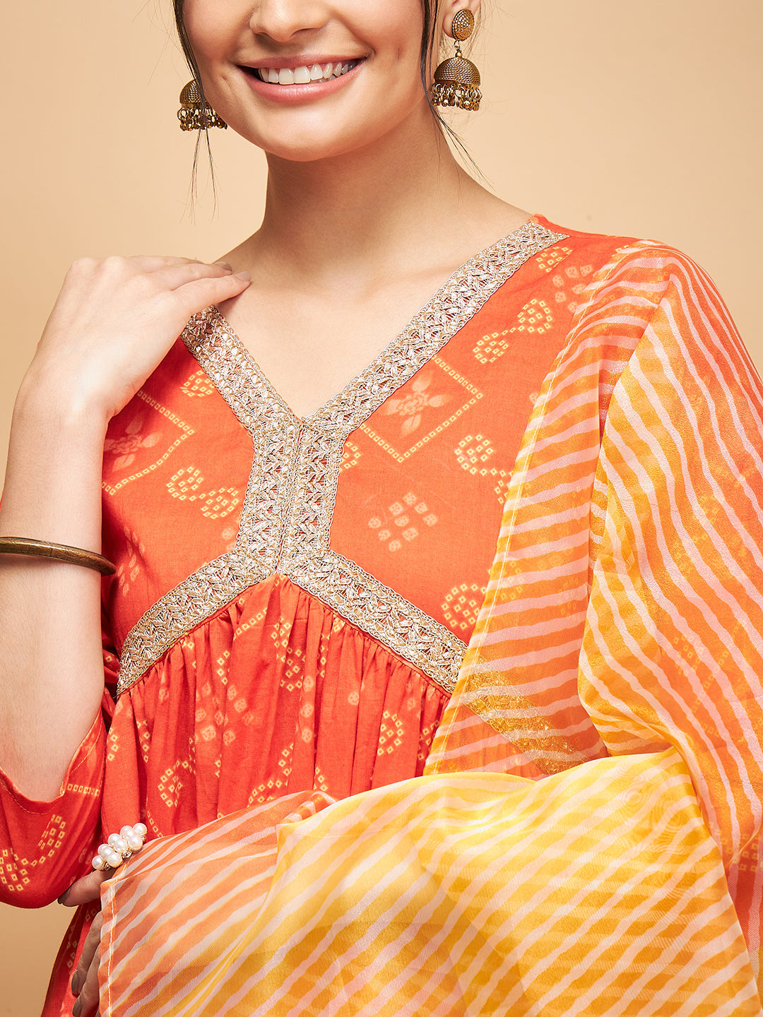 InWeave Women's Orange S Print Alia Cut Gota Work Kurta Set W Mustard Le Du - Swadesiicart