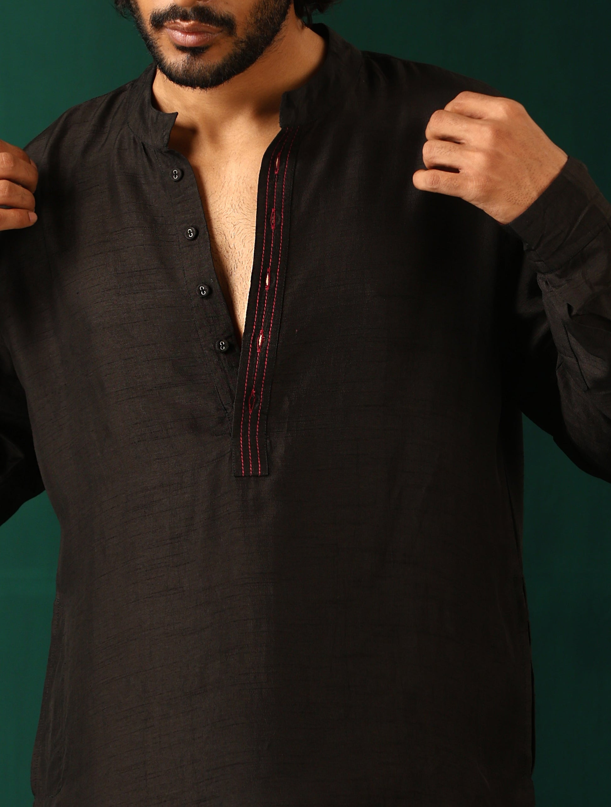 trueBrowns Men's Black Silk Co-ord Set Stitch Detail - Swadesiicart