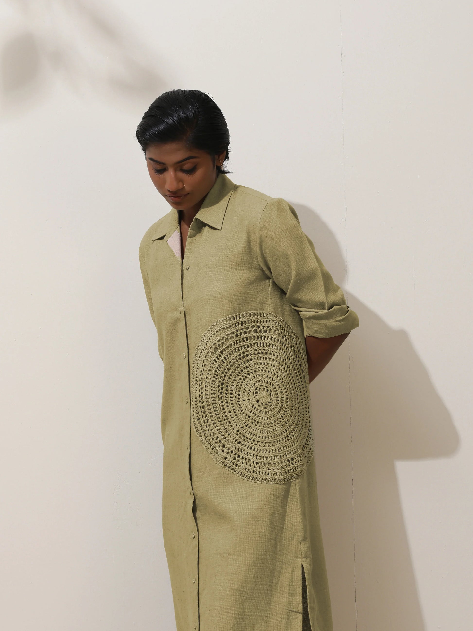 trueBrowns Fern Green Crochet Natural Cotton Kurta Pant Set | Swadesiicart
