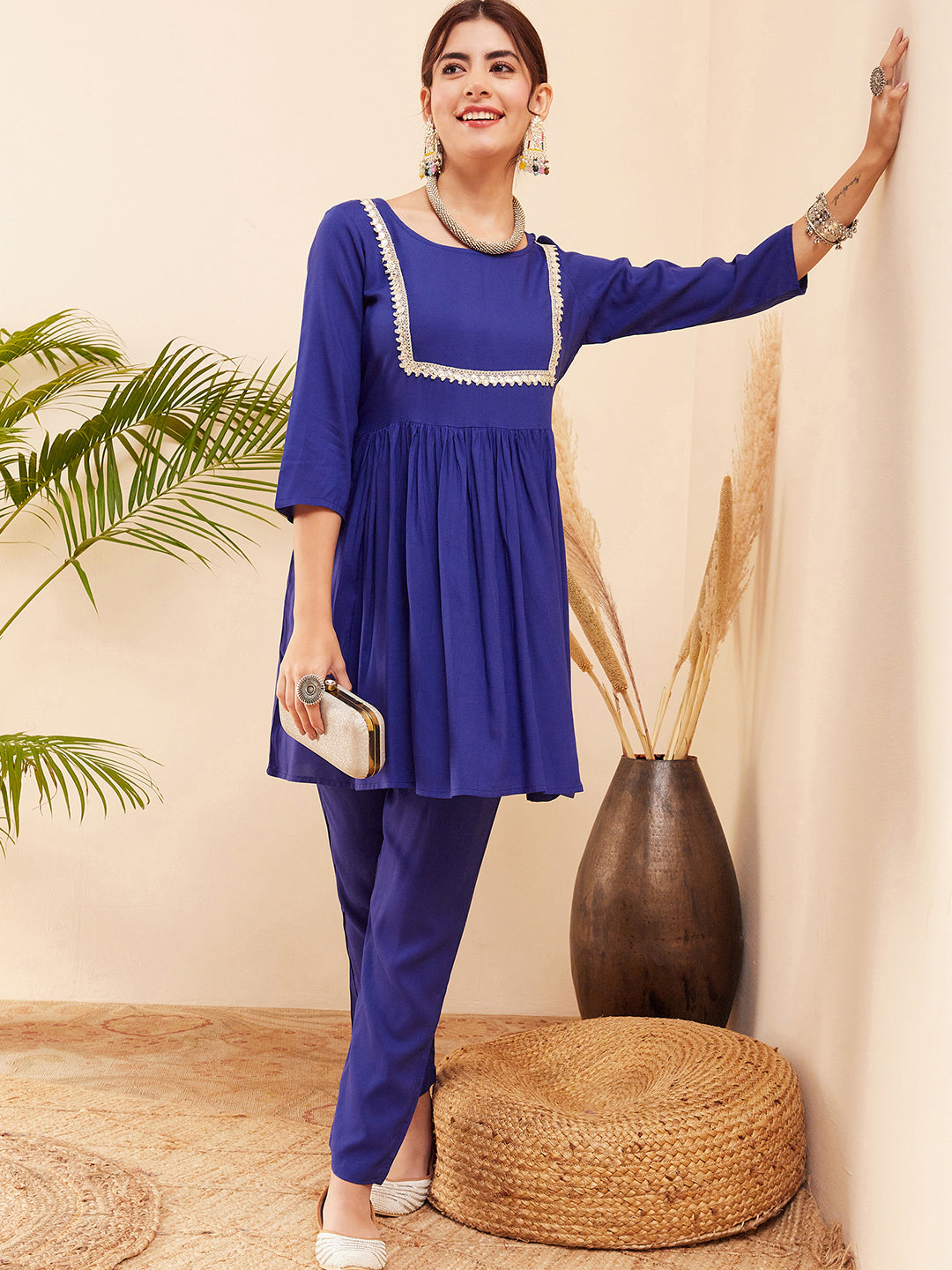 InWeave Women's Blue Round Neck Square Gota Work Kurta Pant Set - Swadesiicart
