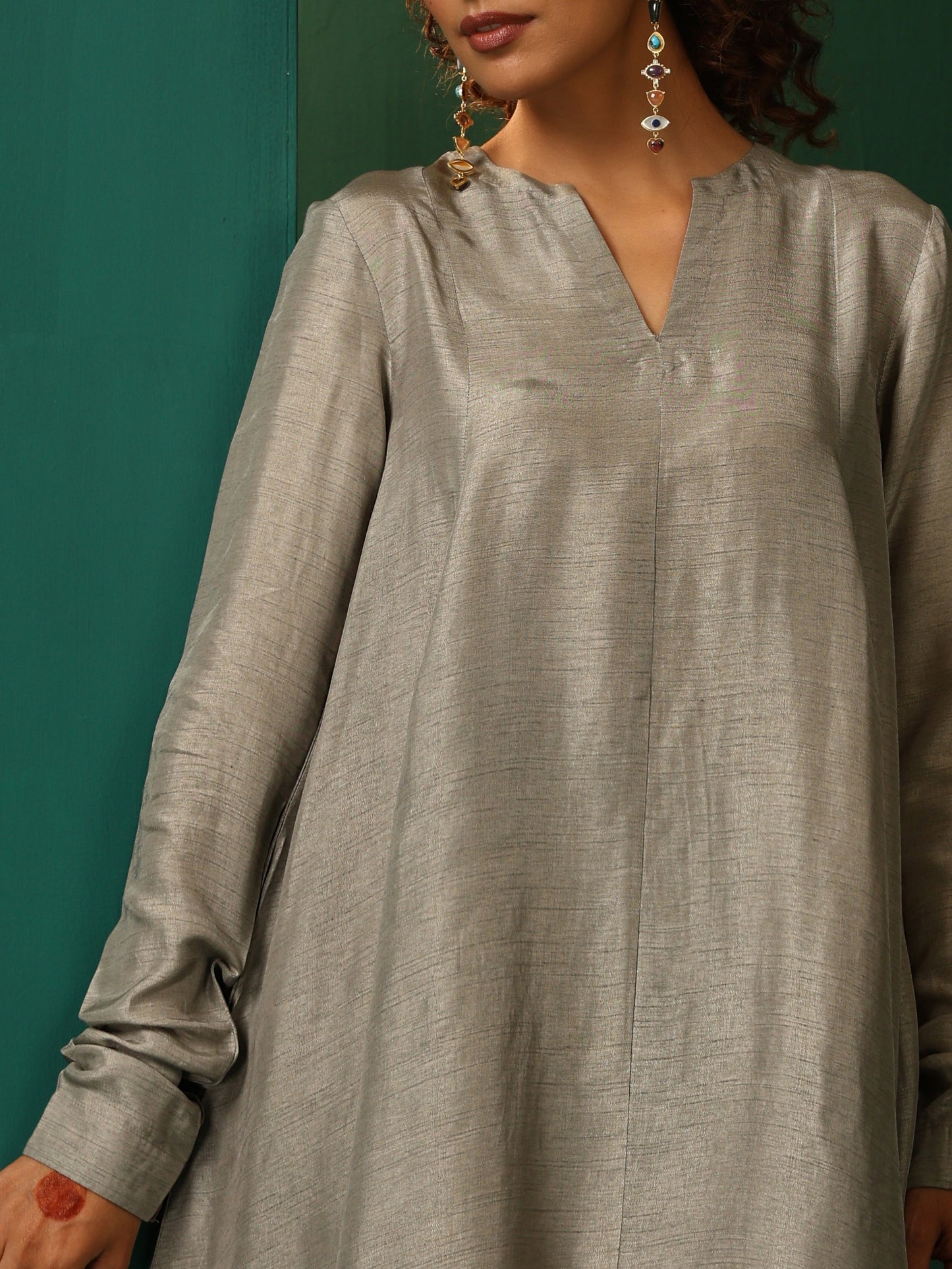 trueBrowns Grey Silk Flared Co-ord Set - Swadesiicart