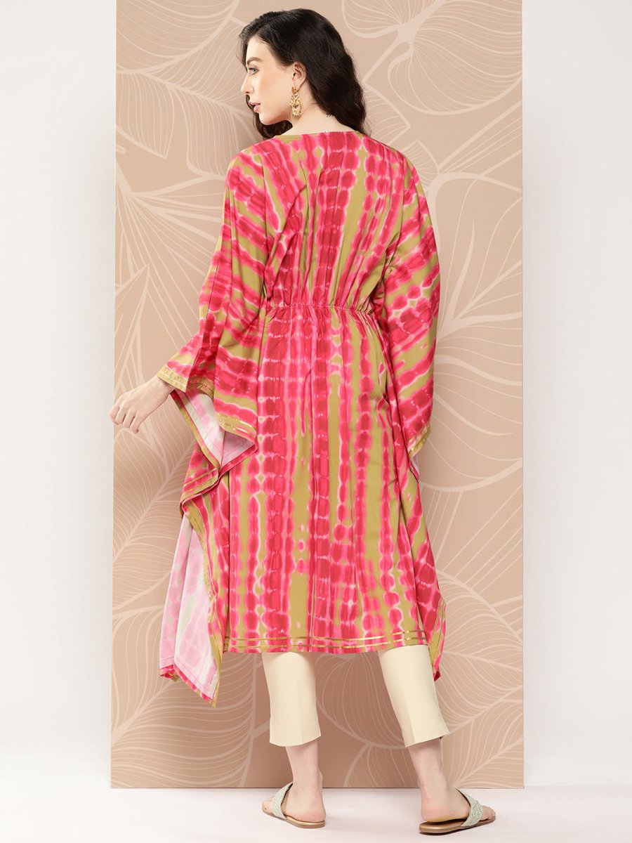 Ahalyaa Women Printed Flared Sleeves Gotta Patti Belted Detail Crepe Kaftan Kurta | Swadesiicart