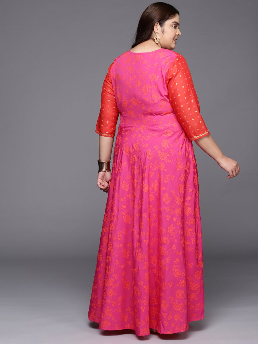 Ahalyaa Plus Size V-neck Maxi Ethnic Dress | Swadesiicart