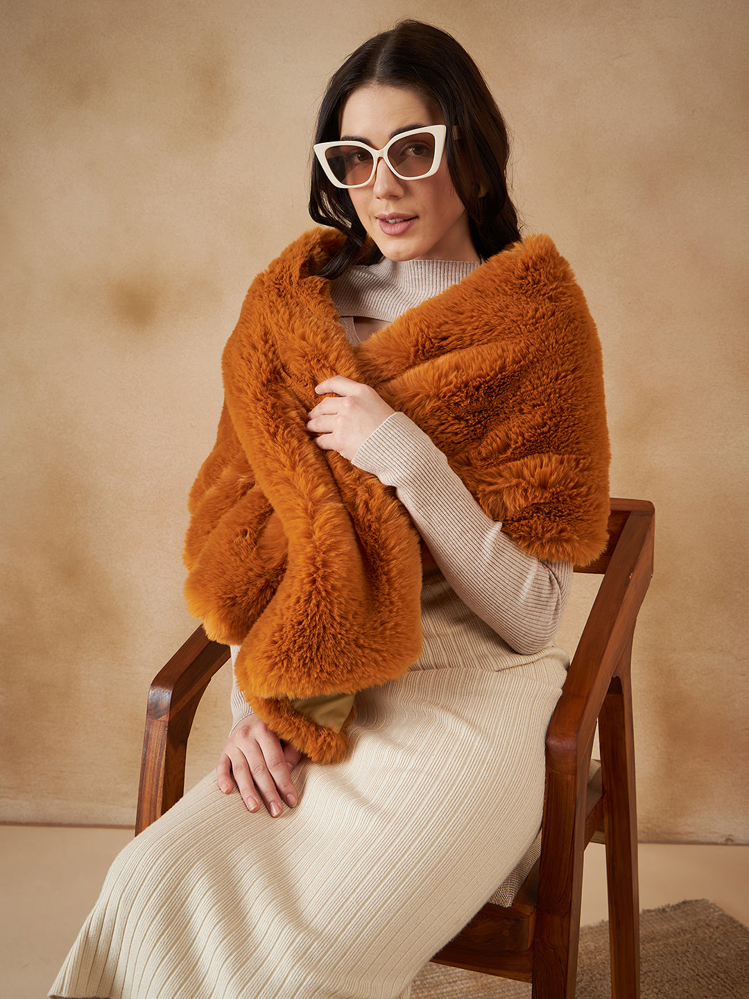 InWeave Women's Carrot Orange Long Faux Fur Cape - Swadesiicart