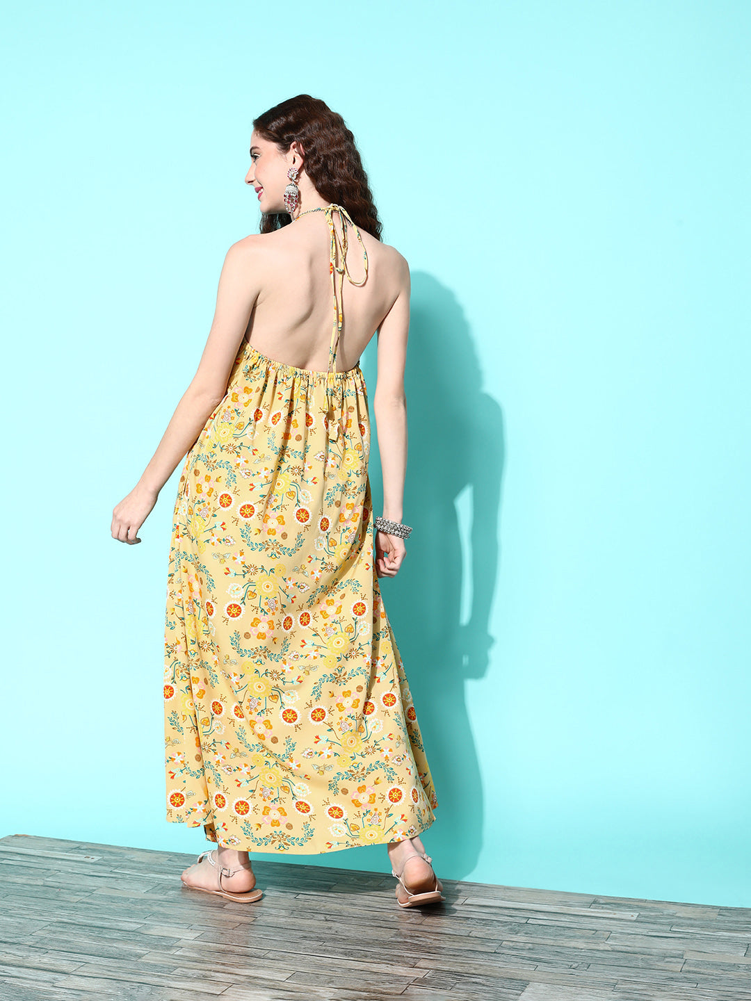 InWeave Women's Yellow Print Back Less Long Kurta Pant Set - Swadesiicart
